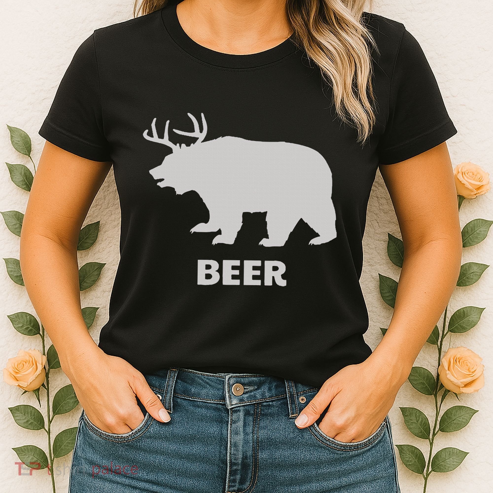 Deer Antlers + Grizzly Bear = Beer Funny Hunting Drinking Women's T-Shirt