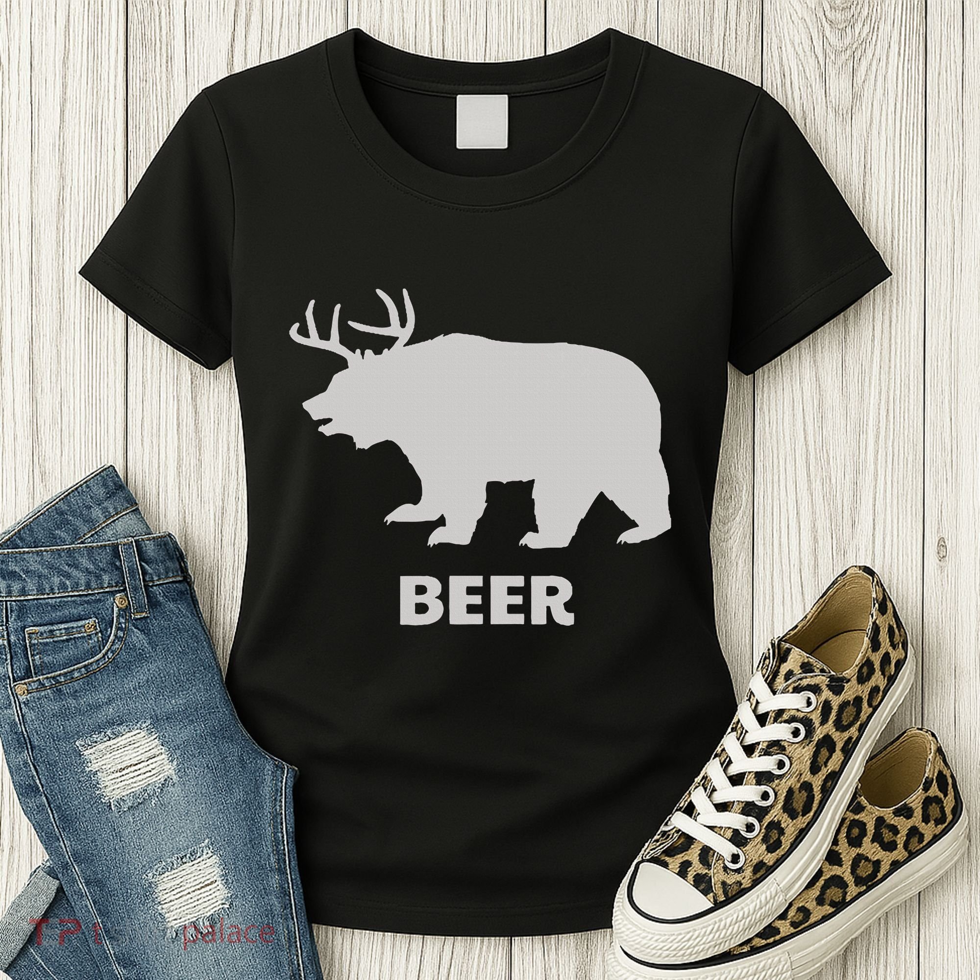 Deer Antlers + Grizzly Bear = Beer Funny Hunting Drinking Women's T-Shirt