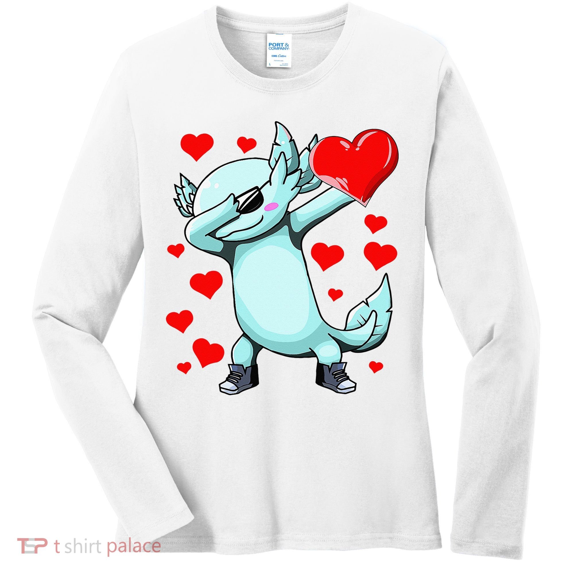Dabbing Axolotl Heart funny Valentines Day Women's Long Sleeve Shirt
