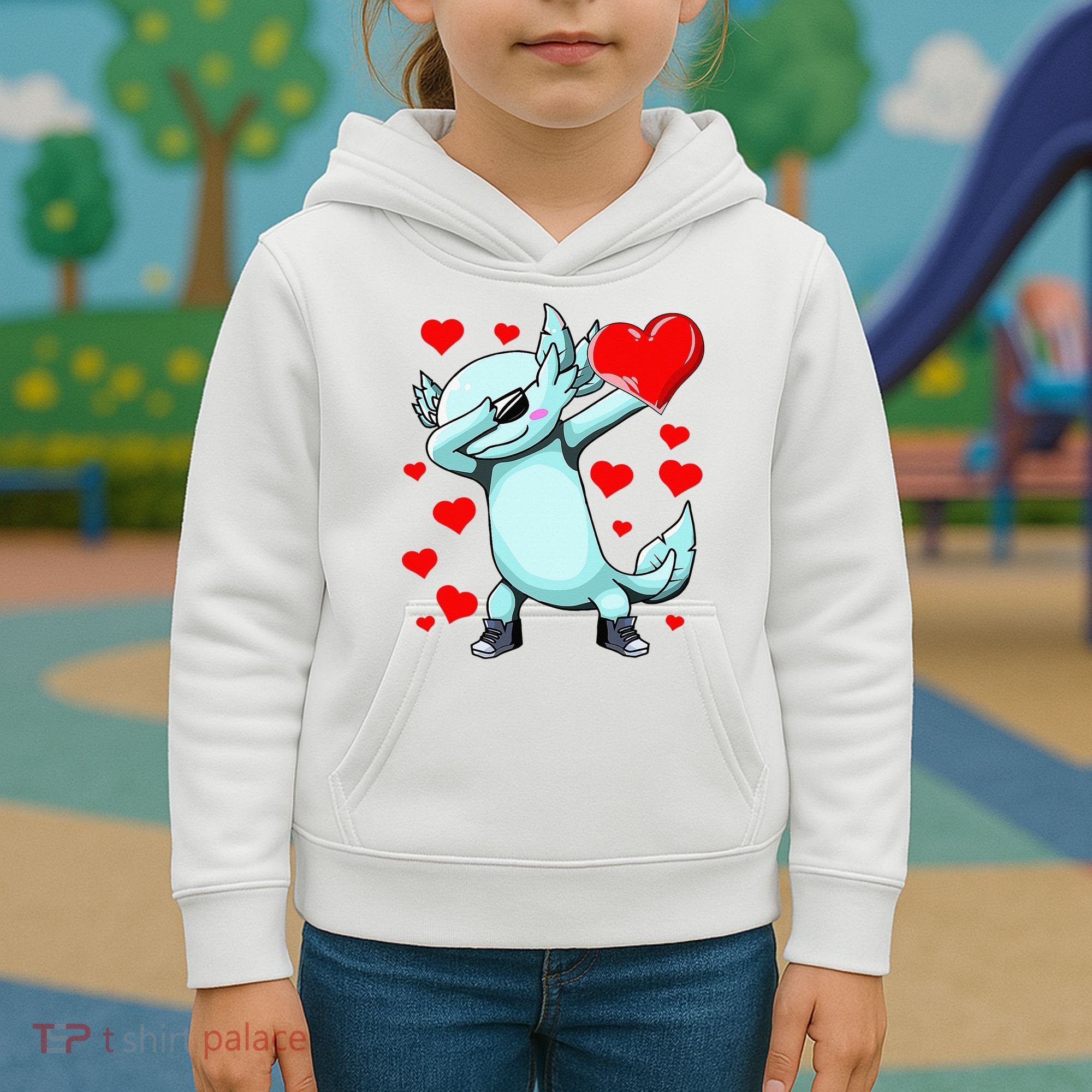 Dabbing Axolotl Heart funny Valentines Day Kids Hoodie