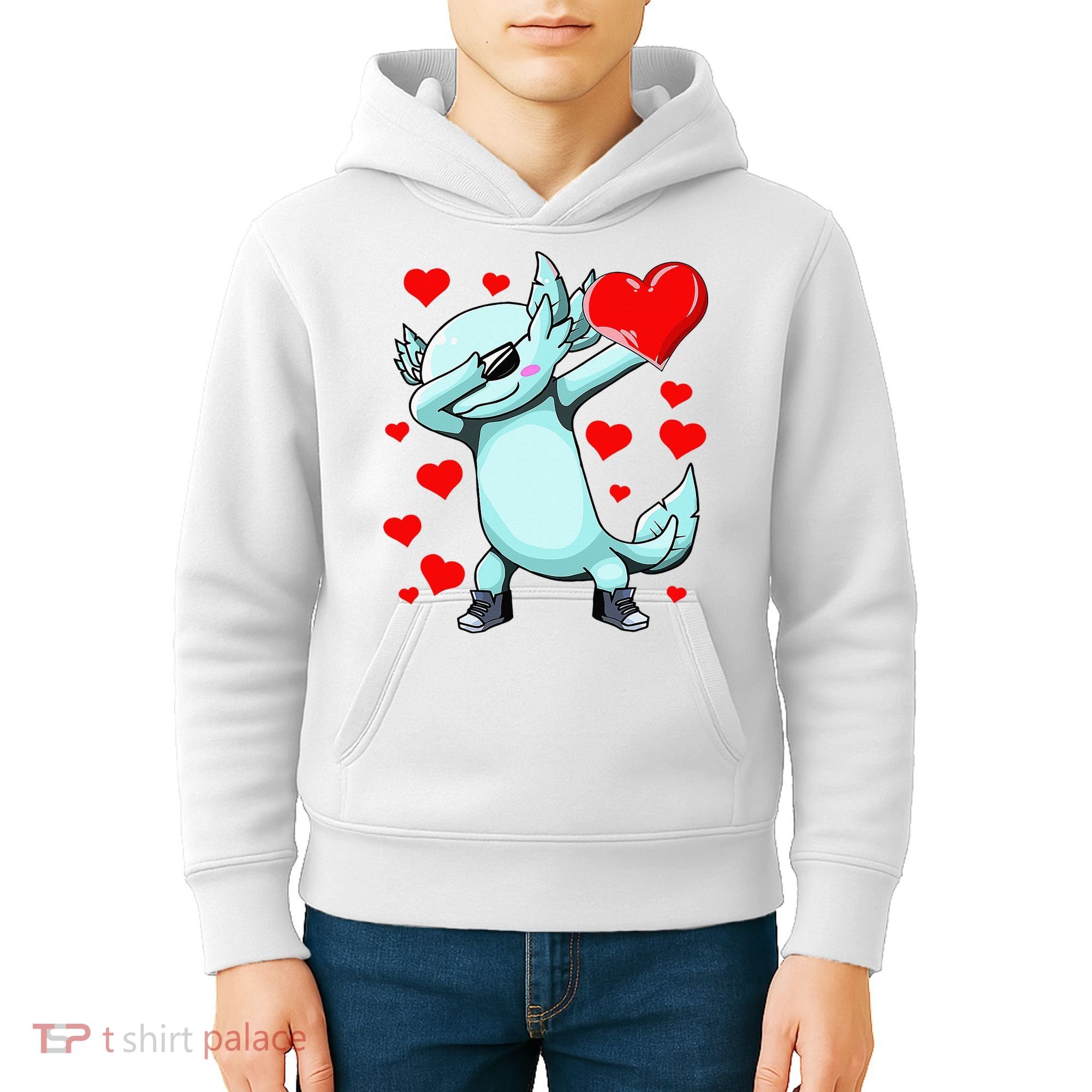 Dabbing Axolotl Heart funny Valentines Day Kids Hoodie