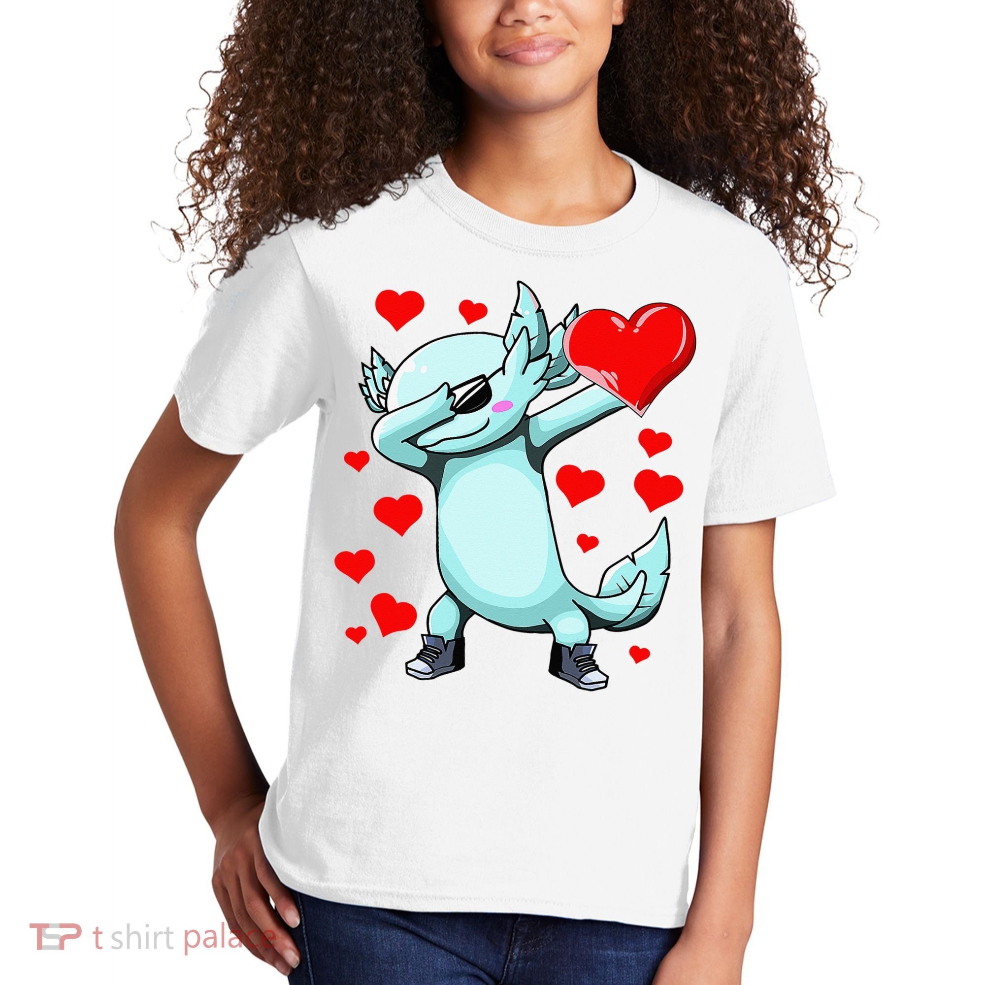 Dabbing Axolotl Heart funny Valentines Day Kids T-Shirt