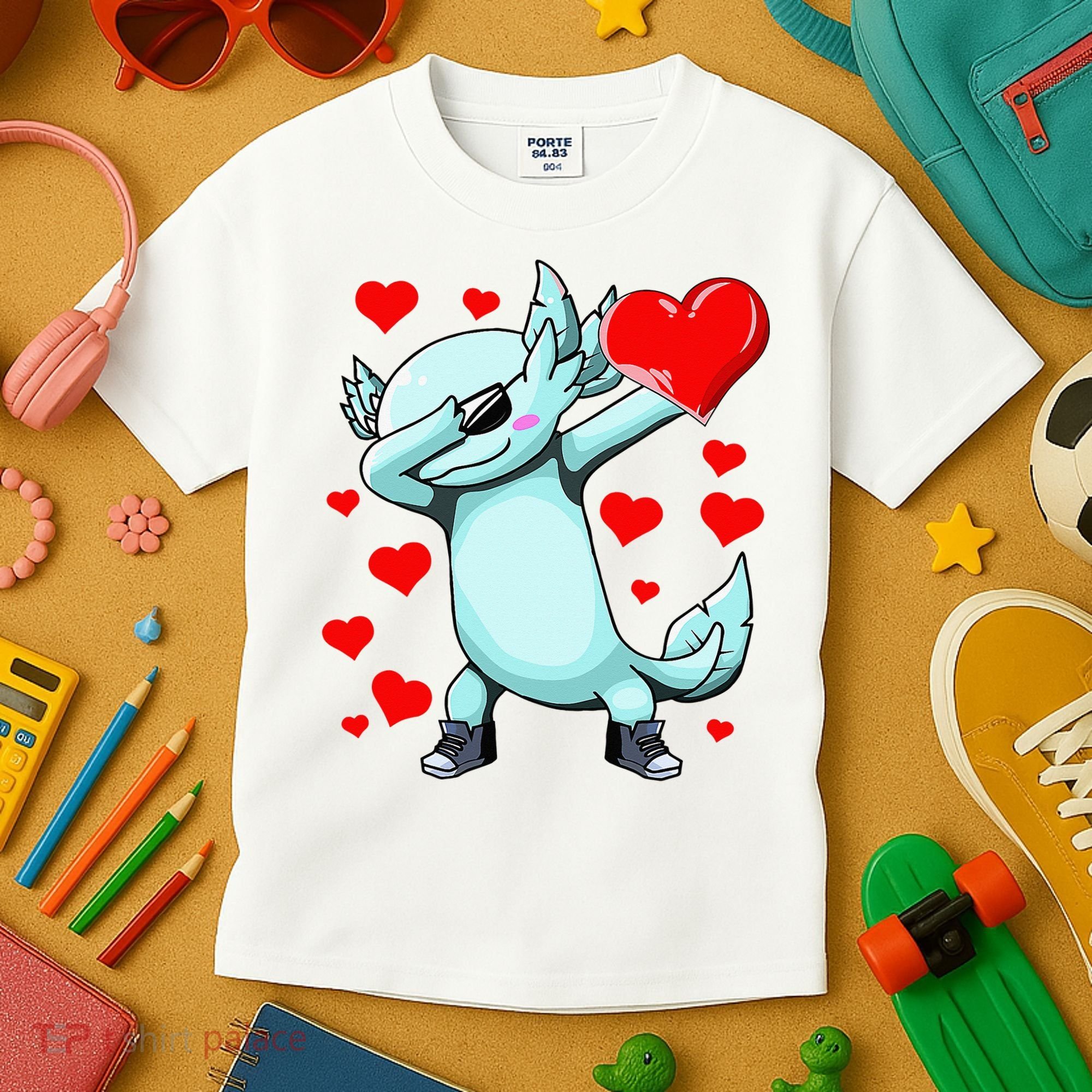 Dabbing Axolotl Heart funny Valentines Day Kids T-Shirt