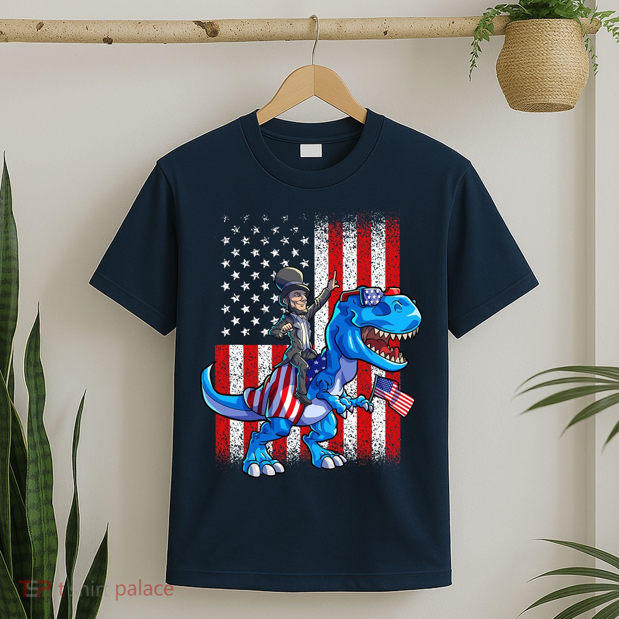 Dino Abraham Lincoln 4th Of July Shirt Boys American Flag T-Shirt