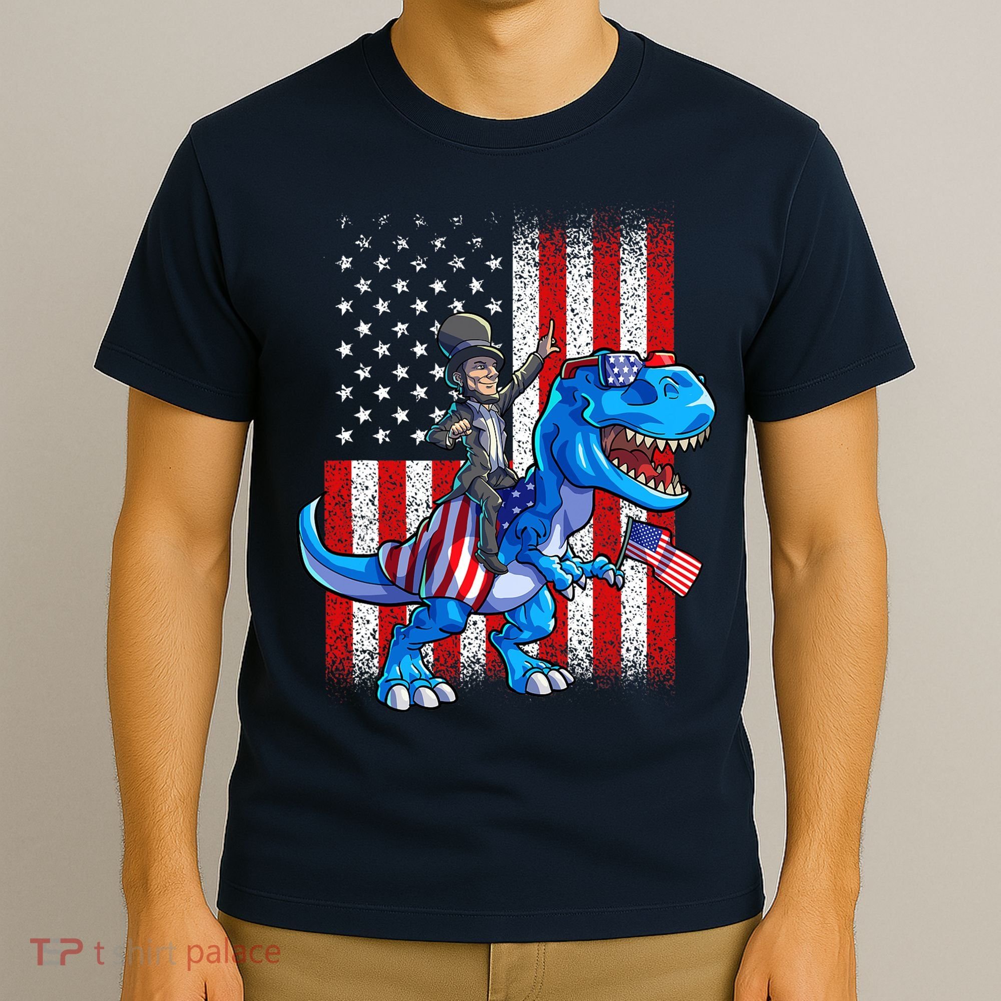Dino Abraham Lincoln 4th Of July Shirt Boys American Flag T-Shirt