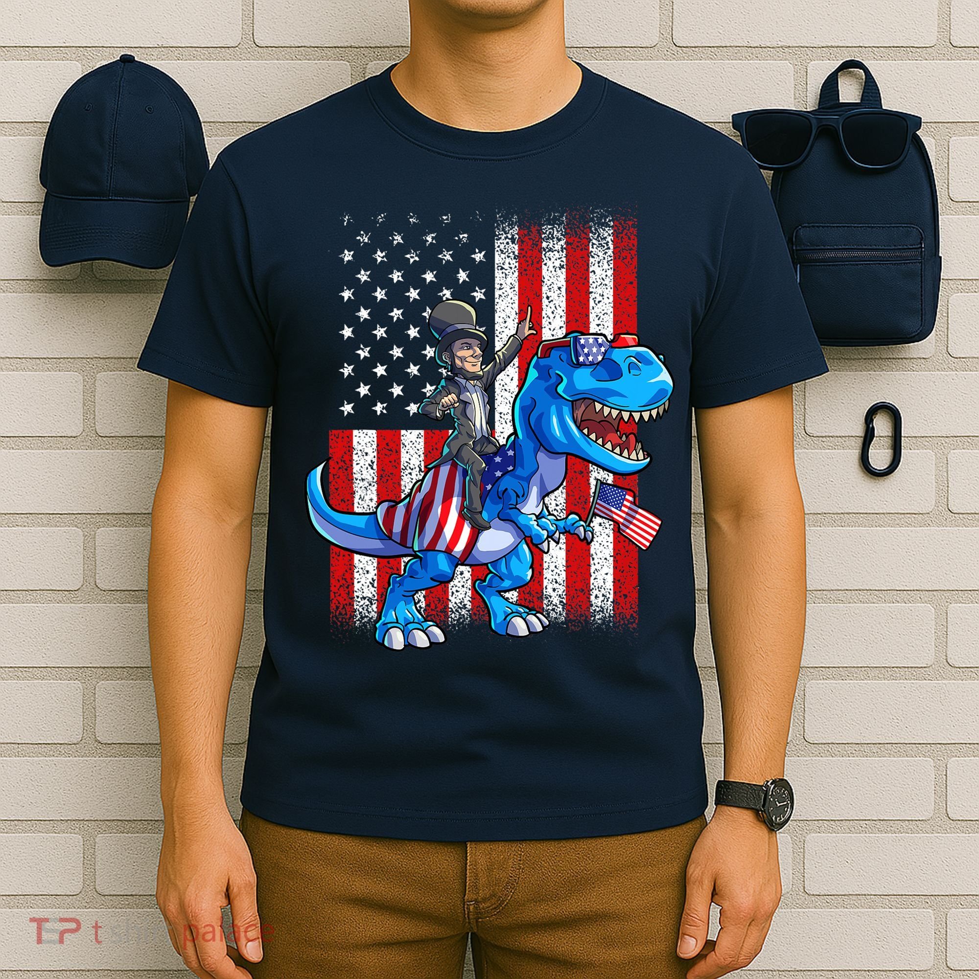 Dino Abraham Lincoln 4th Of July Shirt Boys American Flag T-Shirt