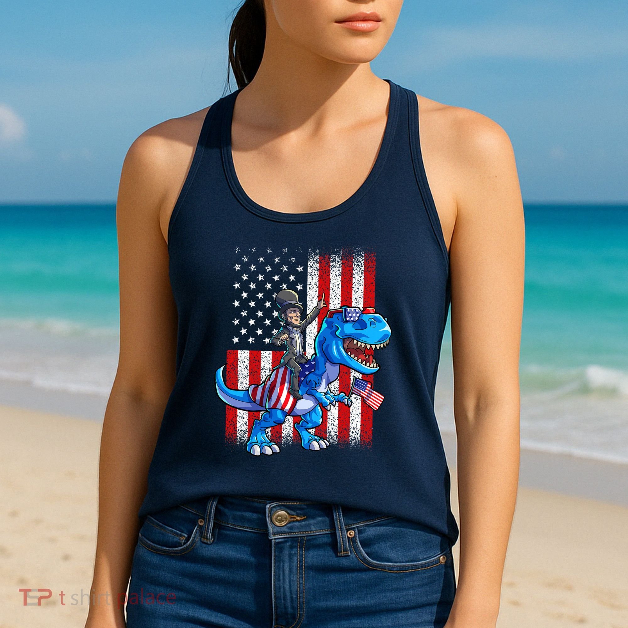 Dino Abraham Lincoln 4th Of July Shirt Boys American Flag Women's Tank Top
