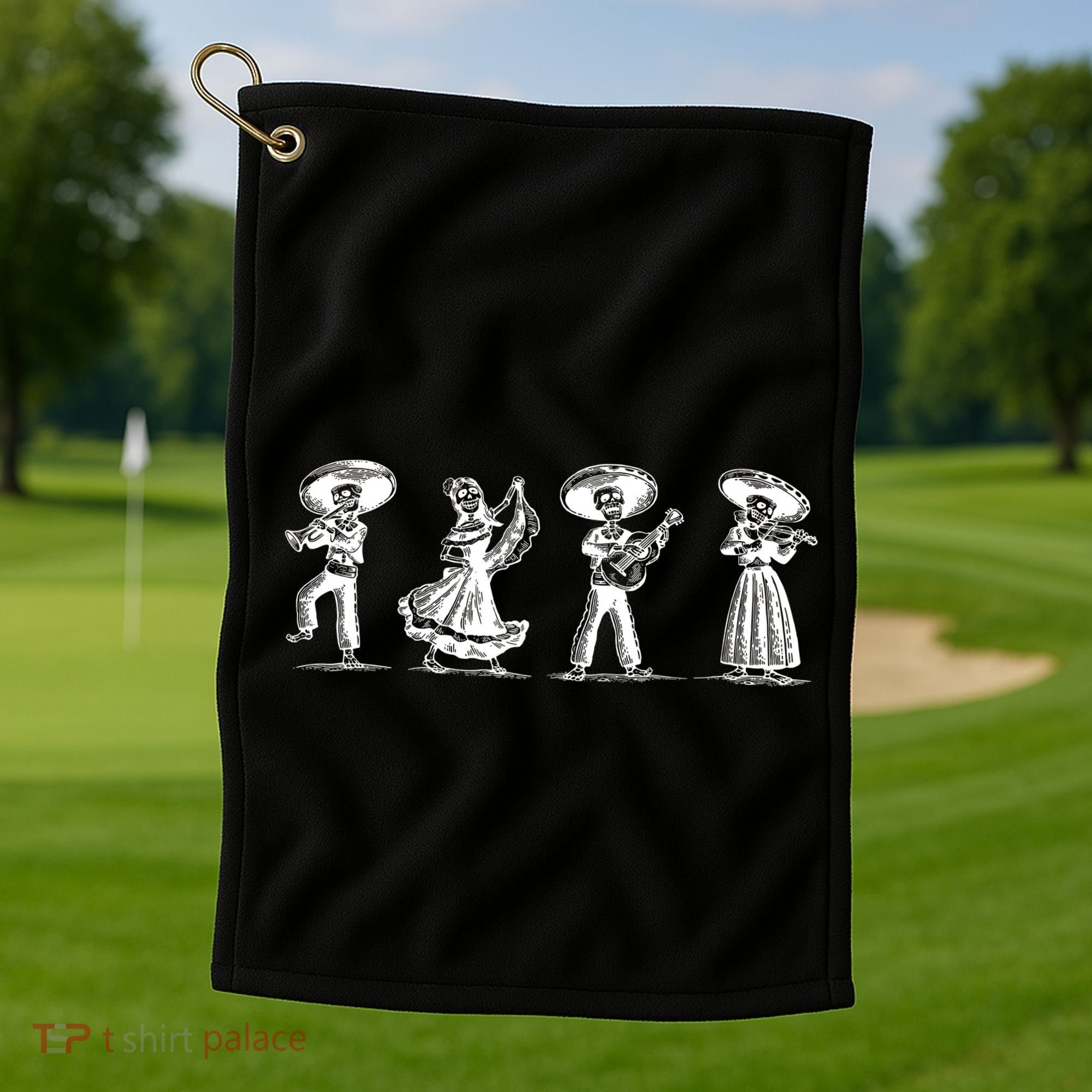 Dancing Mexican Skeletons Playing Music Golf Towel