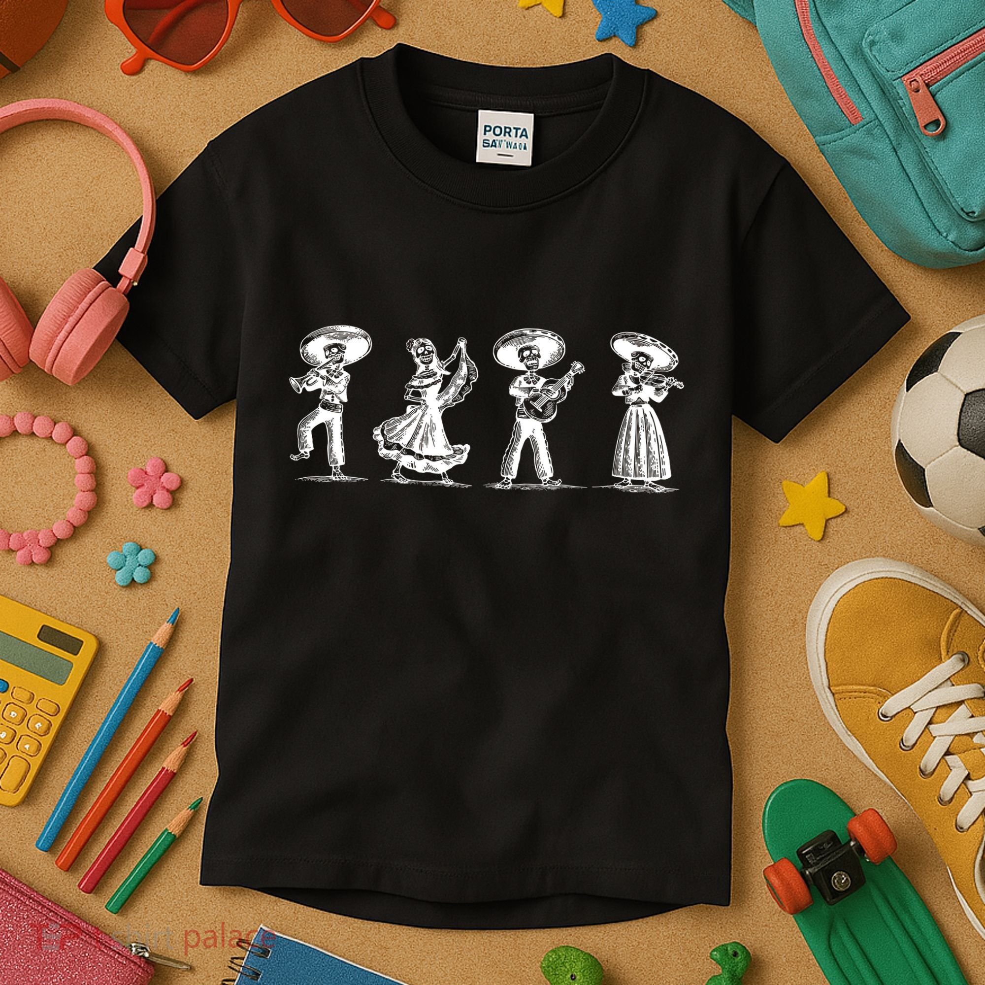 Dancing Mexican Skeletons Playing Music Kids T-Shirt