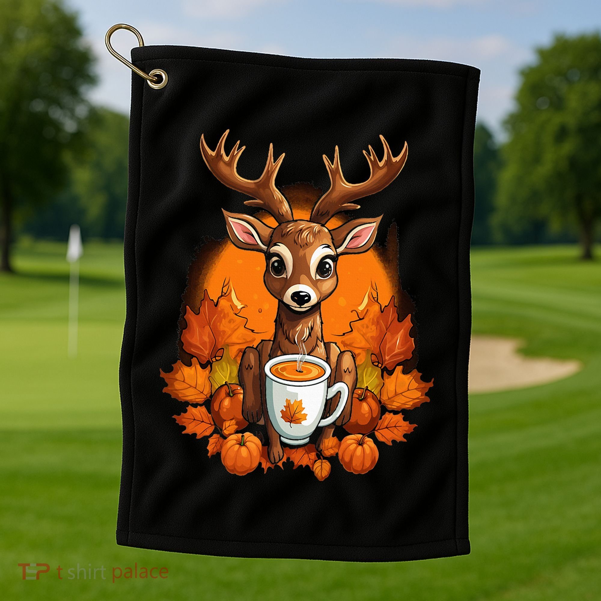 Deer Antlers Pumpkin Spice Latte Fall Thanksgiving Halloween Golf Towel