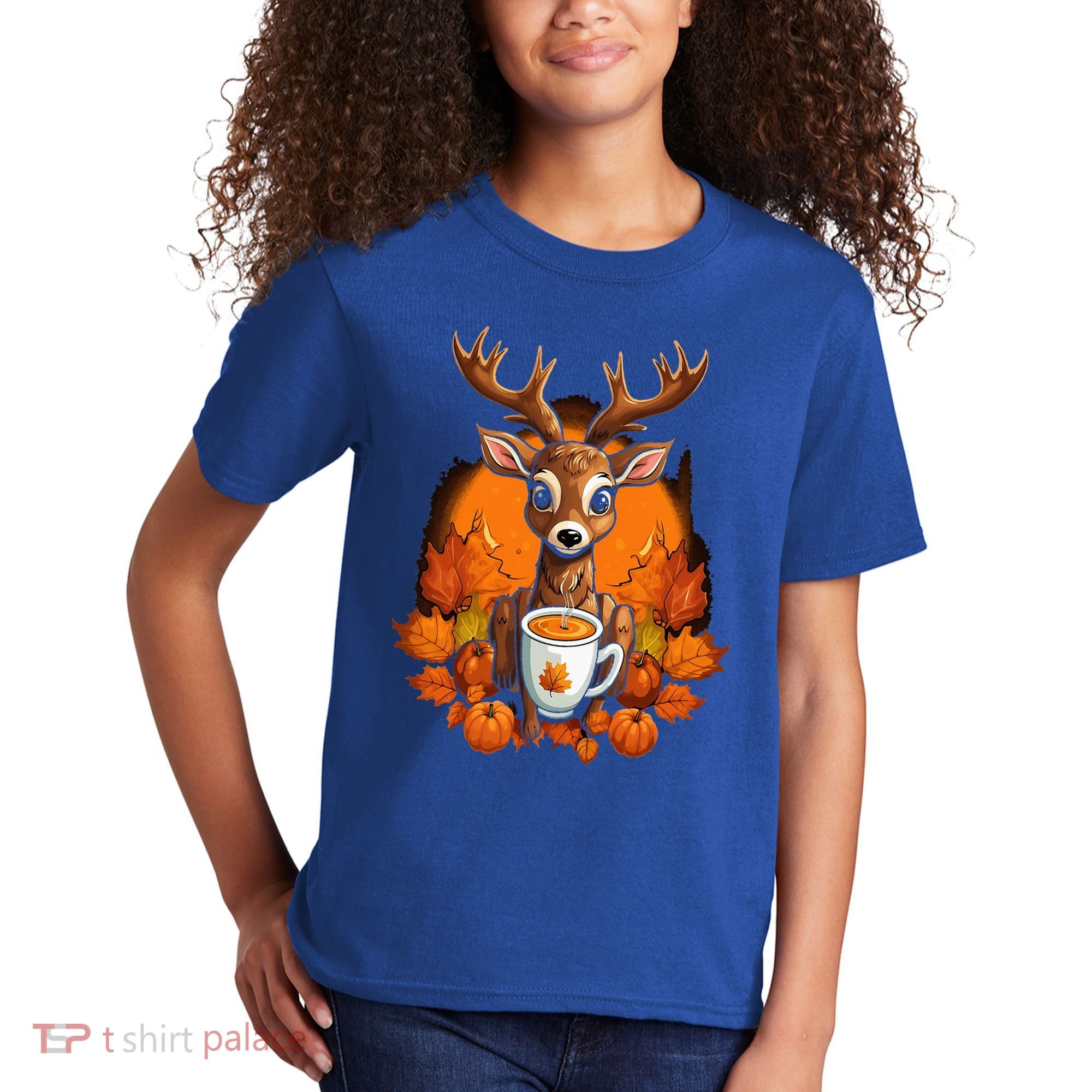 Deer Antlers Pumpkin Spice Latte Fall Thanksgiving Halloween Kids T-Shirt