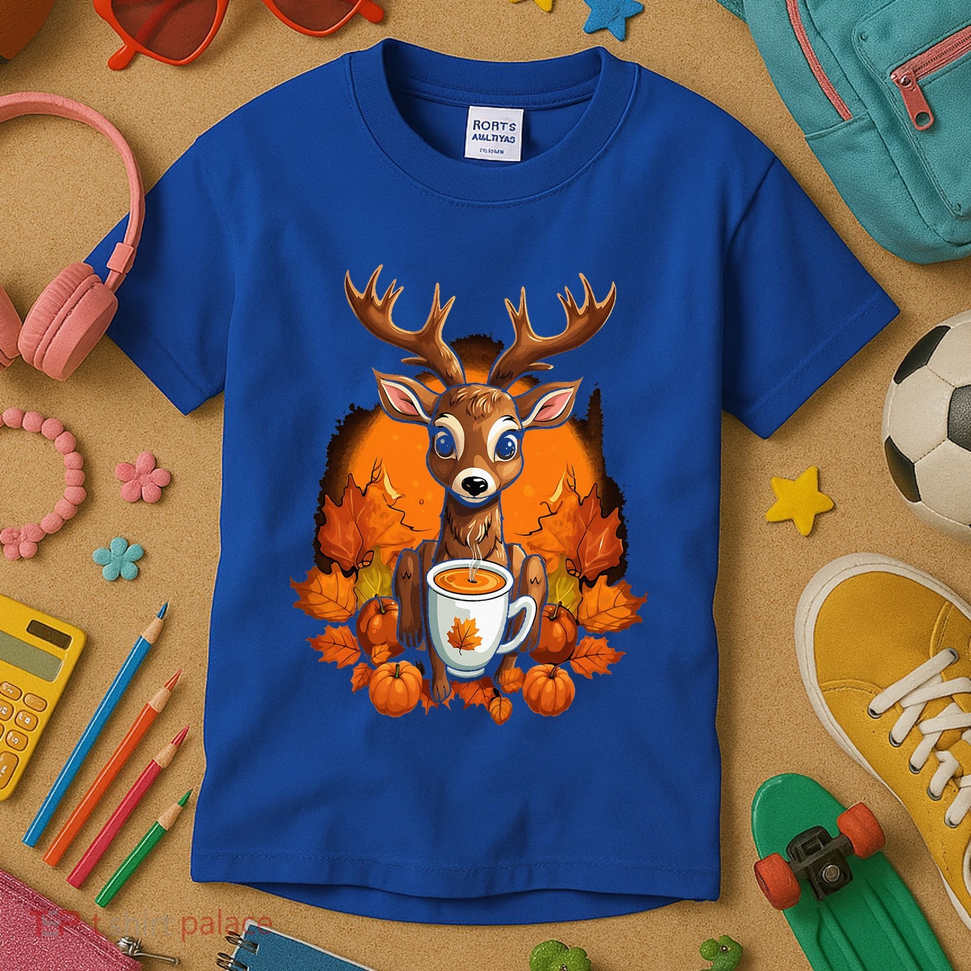 Deer Antlers Pumpkin Spice Latte Fall Thanksgiving Halloween Kids T-Shirt