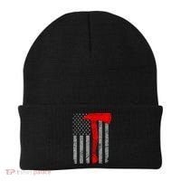 Distressed American Patriot Red Line Axe Firefighter Flag Gift Beanie thumb 0