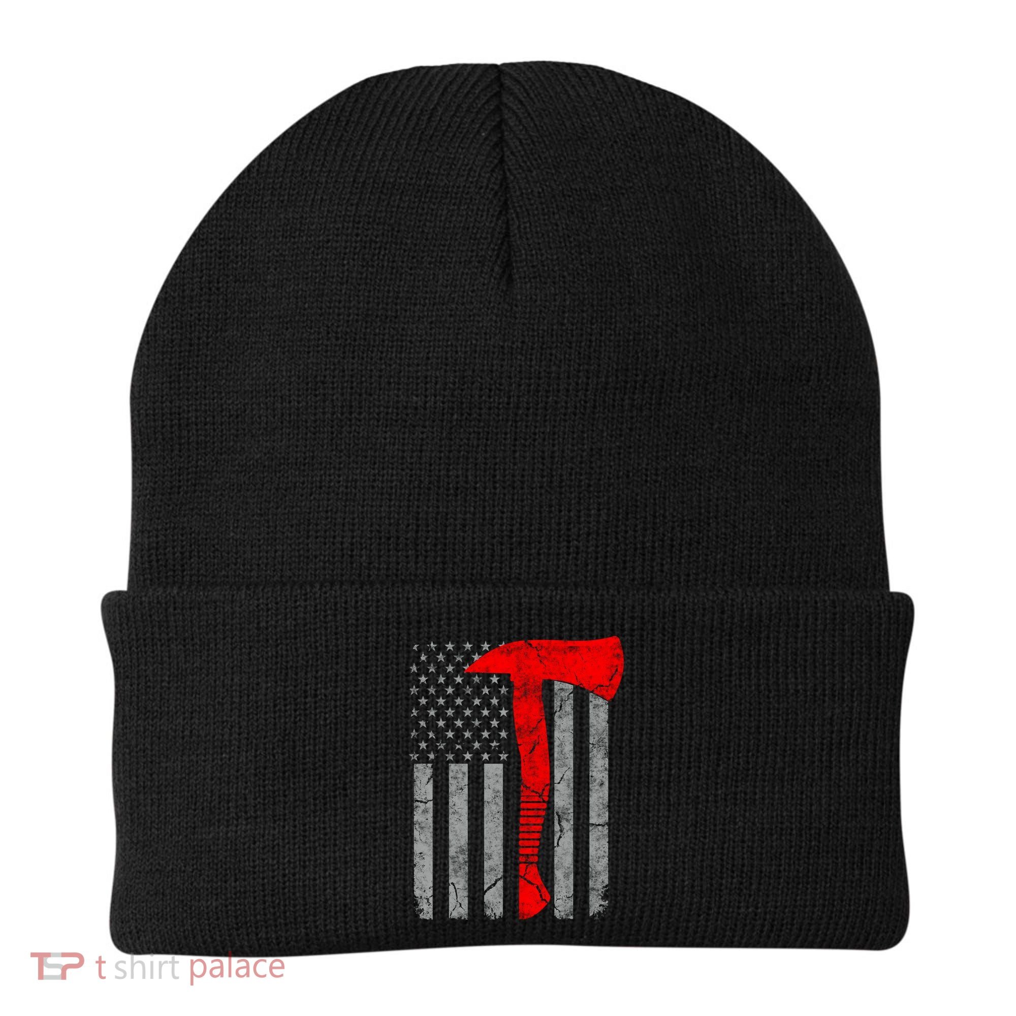 Distressed American Patriot Red Line Axe Firefighter Flag Gift Beanie