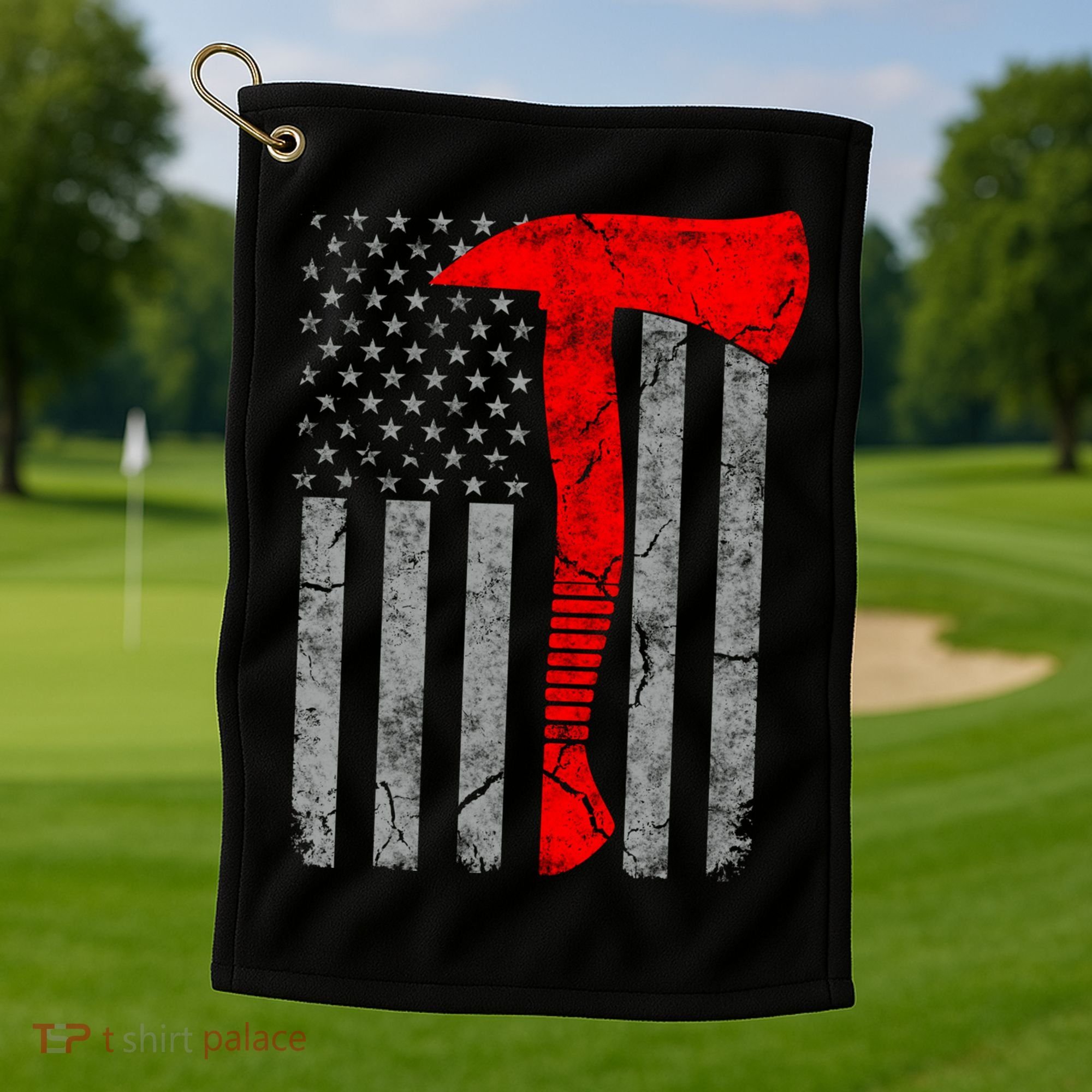 Distressed American Patriot Red Line Axe Firefighter Flag Gift Golf Towel