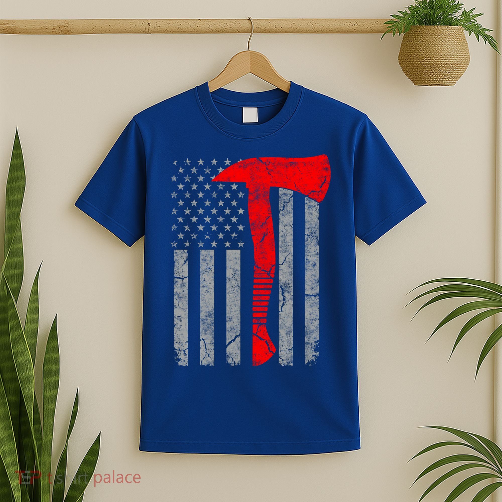 Distressed American Patriot Red Line Axe Firefighter Flag Gift T-Shirt