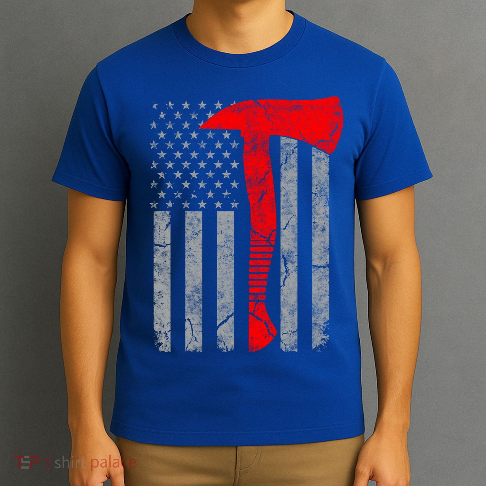 Distressed American Patriot Red Line Axe Firefighter Flag Gift T-Shirt
