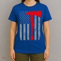 Distressed American Patriot Red Line Axe Firefighter Flag Gift T-Shirt thumb 4