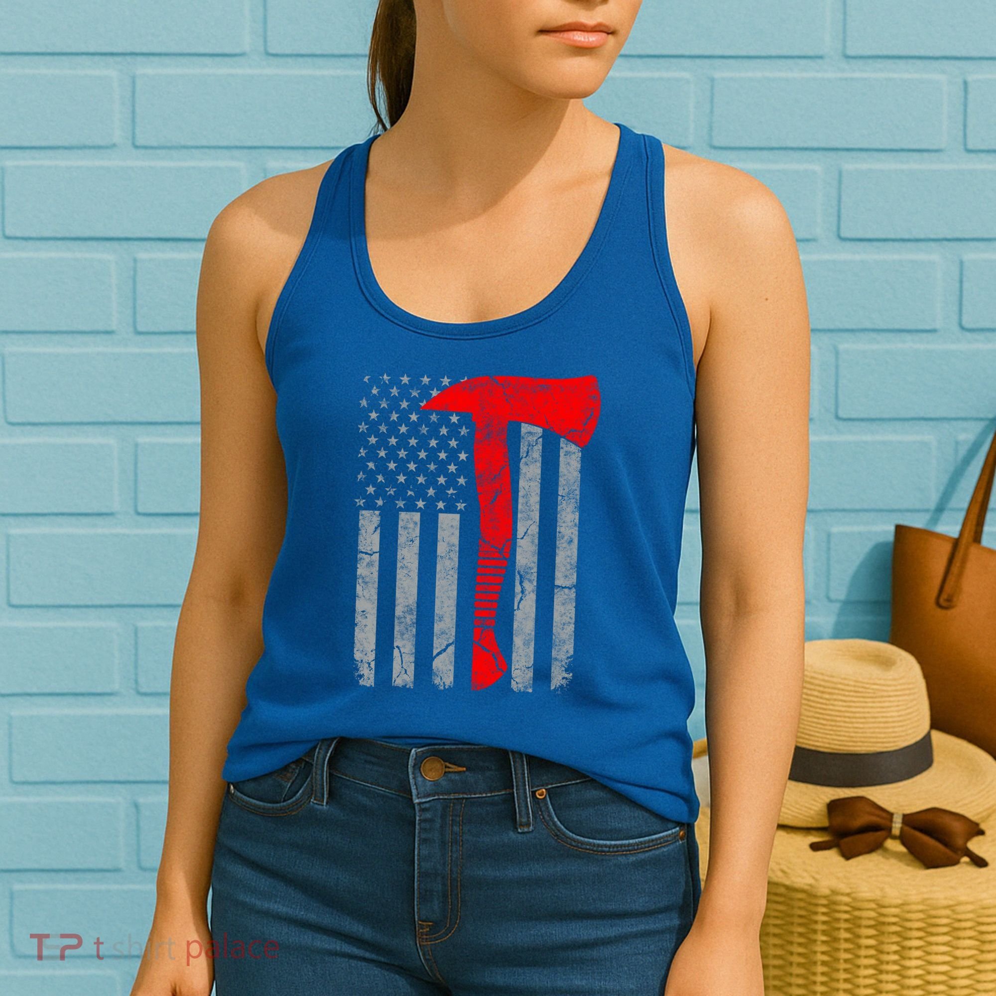 Distressed American Patriot Red Line Axe Firefighter Flag Gift Women's Tank Top