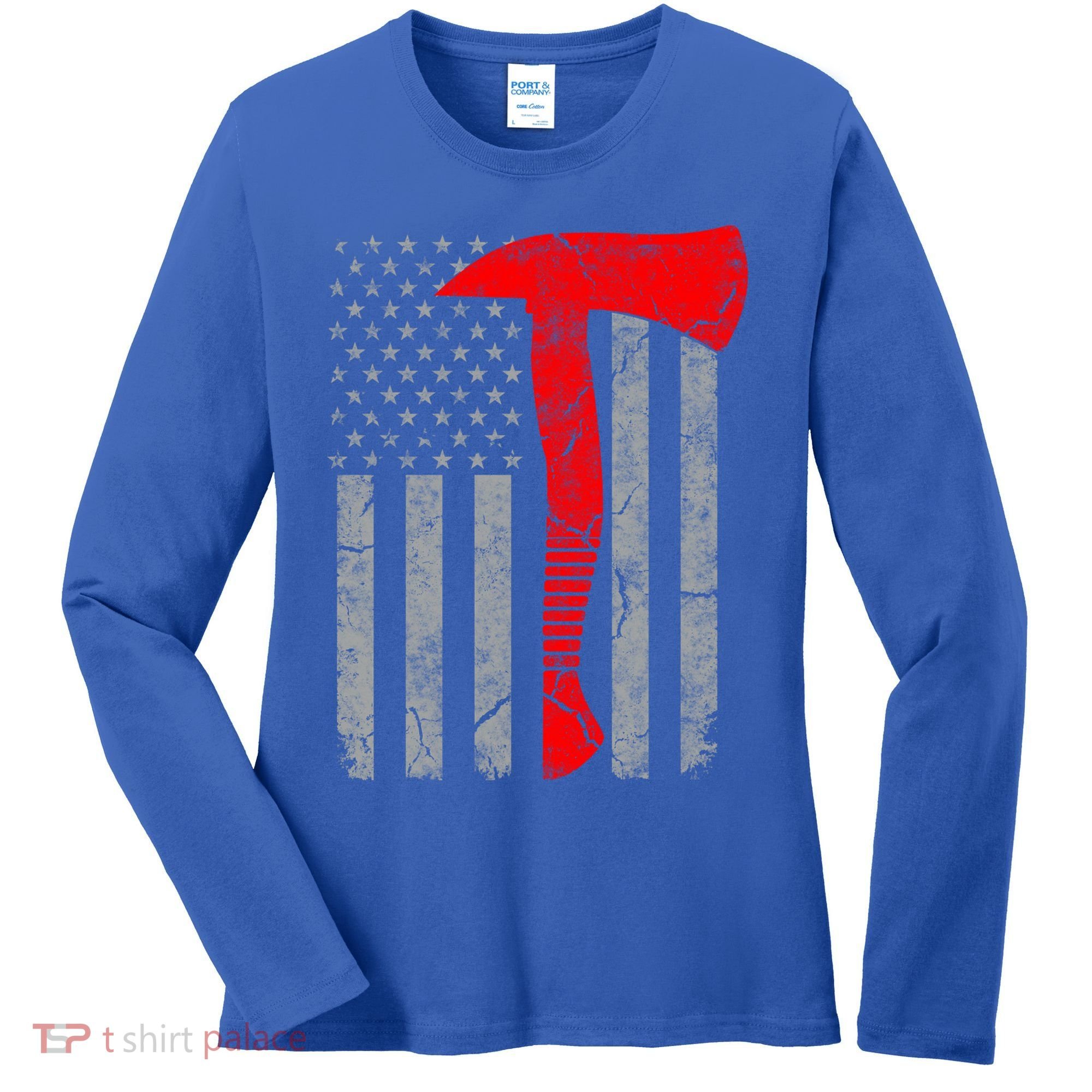 Distressed American Patriot Red Line Axe Firefighter Flag Gift Women's Long Sleeve Shirt