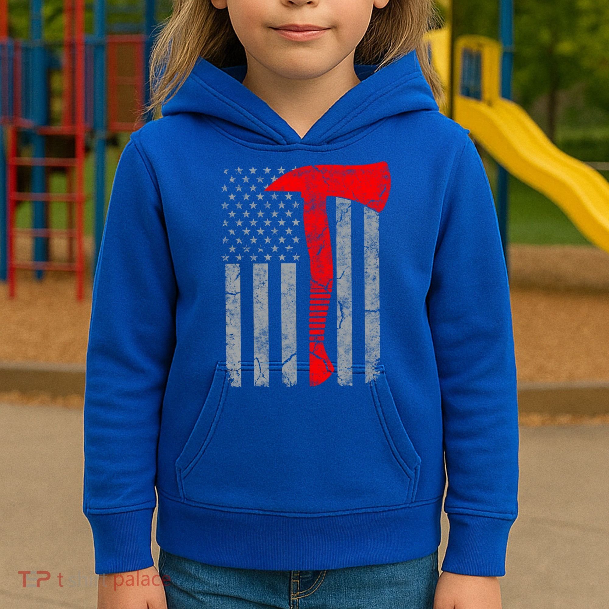 Distressed American Patriot Red Line Axe Firefighter Flag Gift Kids Hoodie