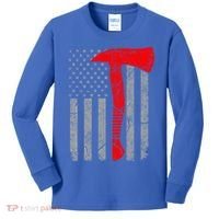 Distressed American Patriot Red Line Axe Firefighter Flag Gift Kids Long Sleeve Shirt thumb 0