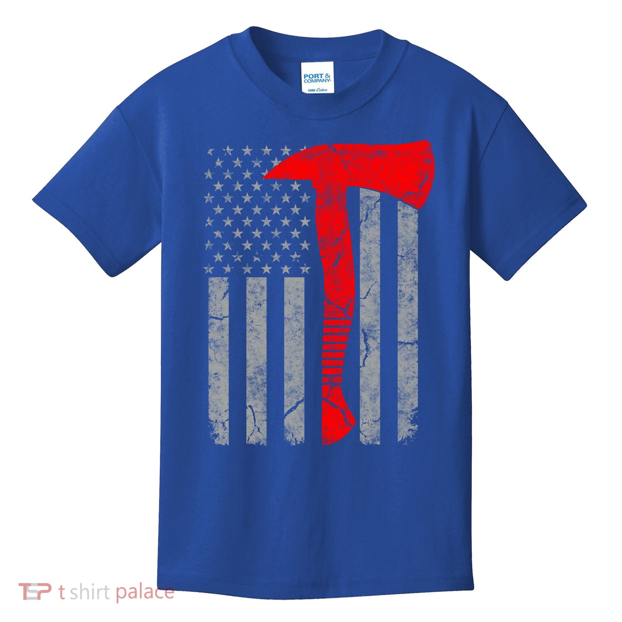 Distressed American Patriot Red Line Axe Firefighter Flag Gift Kids T-Shirt
