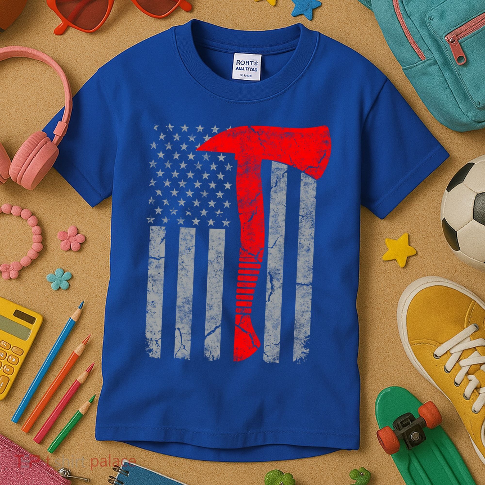 Distressed American Patriot Red Line Axe Firefighter Flag Gift Kids T-Shirt