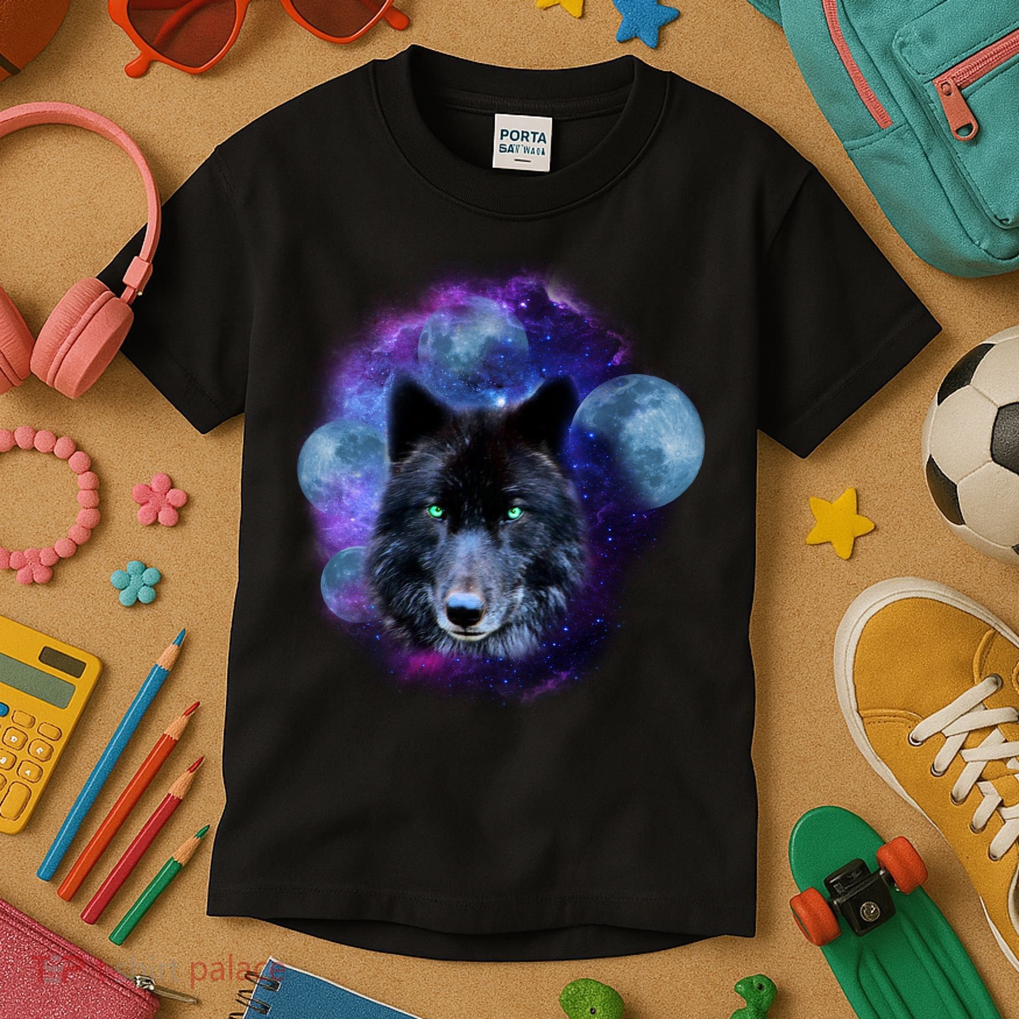 Dark Moon Wolf Galaxy Kids T-Shirt