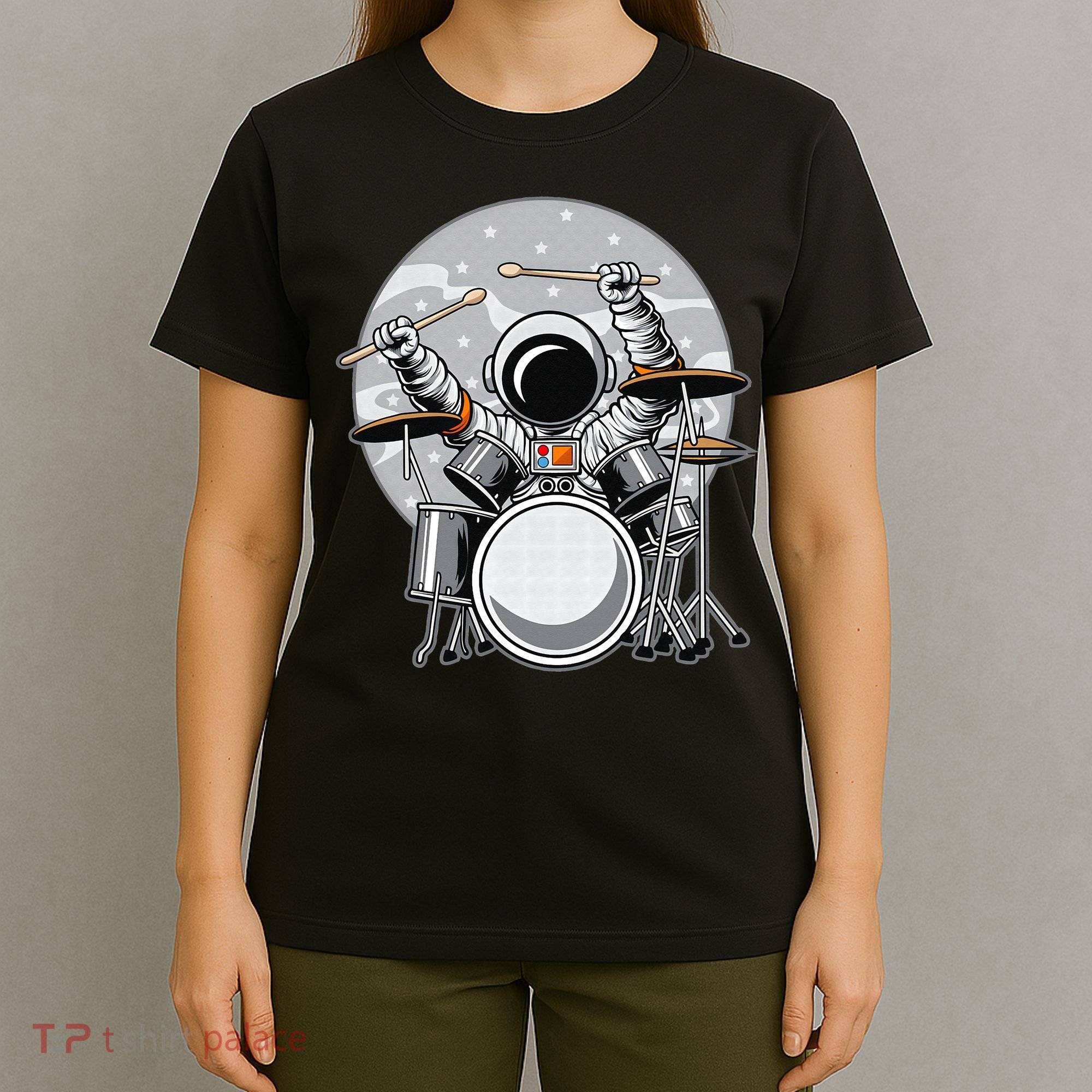 Drumming Astronaut Space Drummer Musician Rock Band T-Shirt