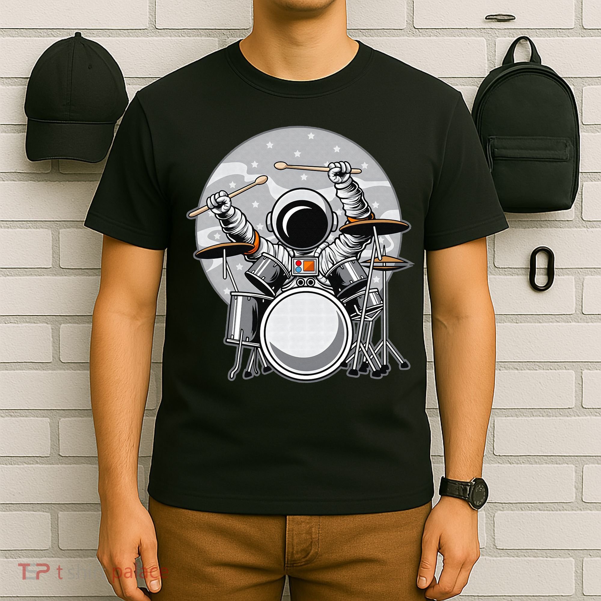 Drumming Astronaut Space Drummer Musician Rock Band T-Shirt