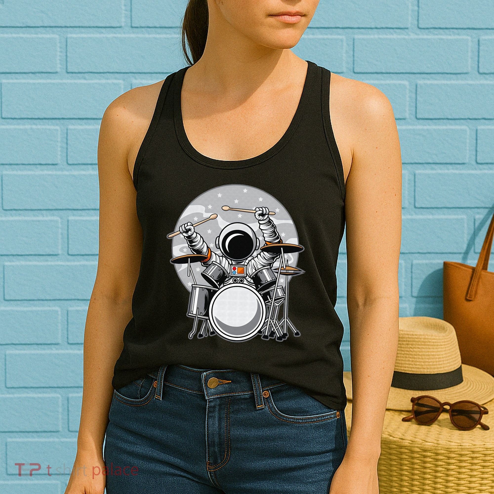 Drumming Astronaut Space Drummer Musician Rock Band Women's Tank Top