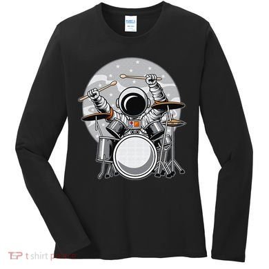 Drumming Astronaut Space Drummer Musician Rock Band Women's Long Sleeve Shirt