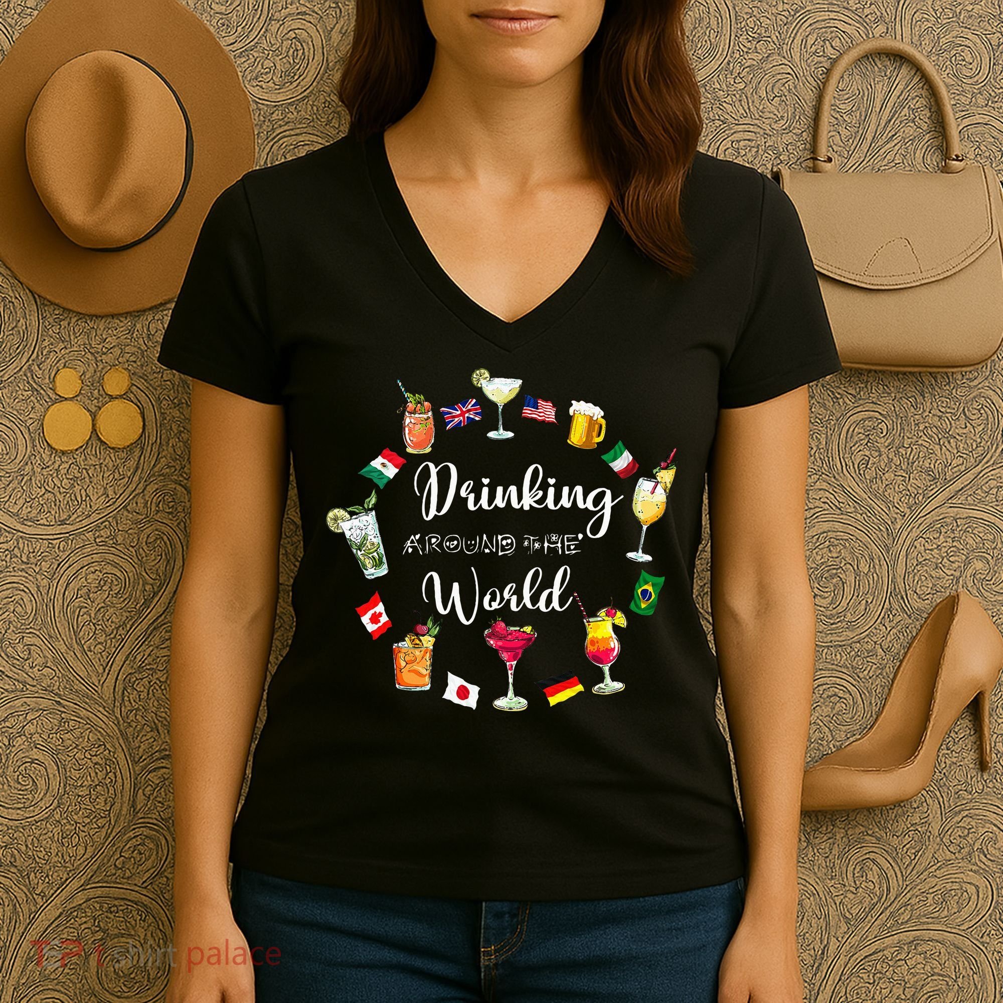 Drinking Around The World Vacation Drinking Showcase Women's V-Neck T-Shirt