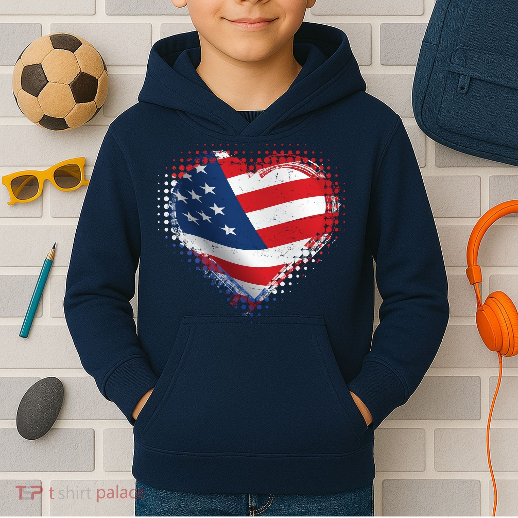 Distressed American USA Flag Heart Kids Hoodie
