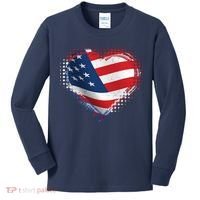Distressed American USA Flag Heart Kids Long Sleeve Shirt thumb 0