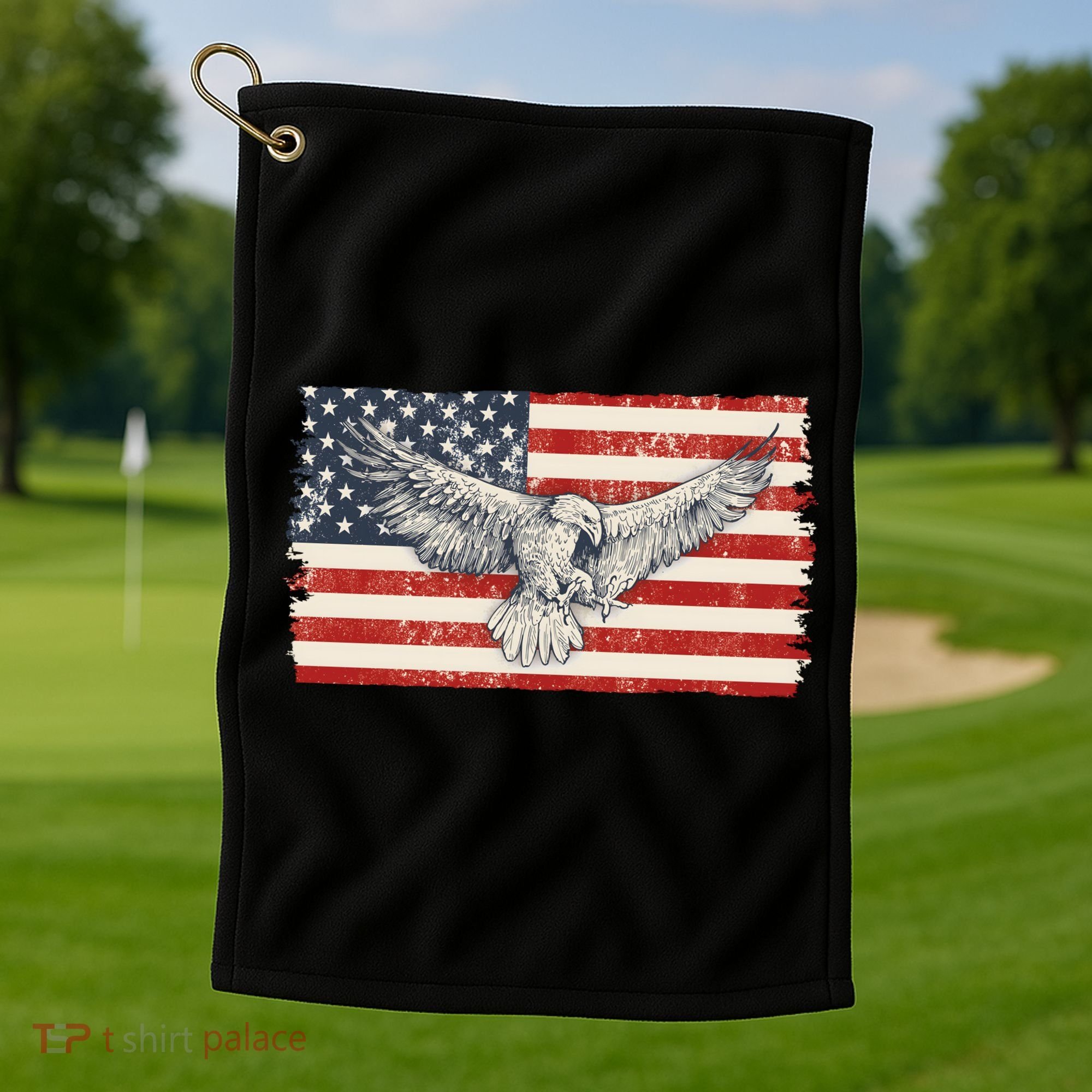 Distressed American USA Flag Eagle Golf Towel