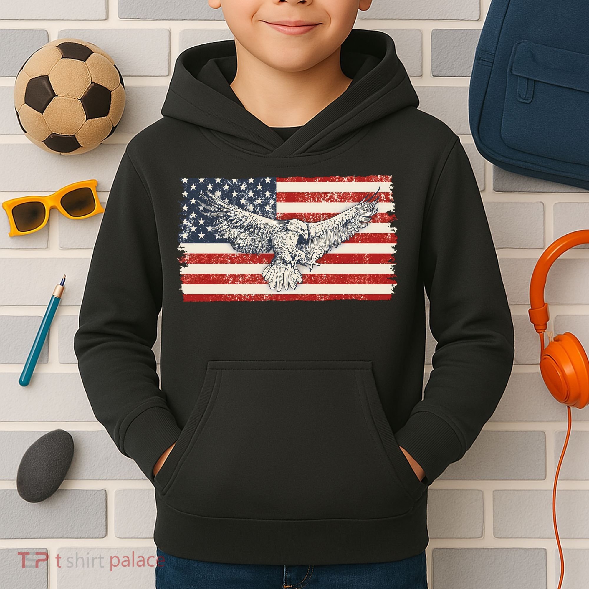Distressed American USA Flag Eagle Kids Hoodie