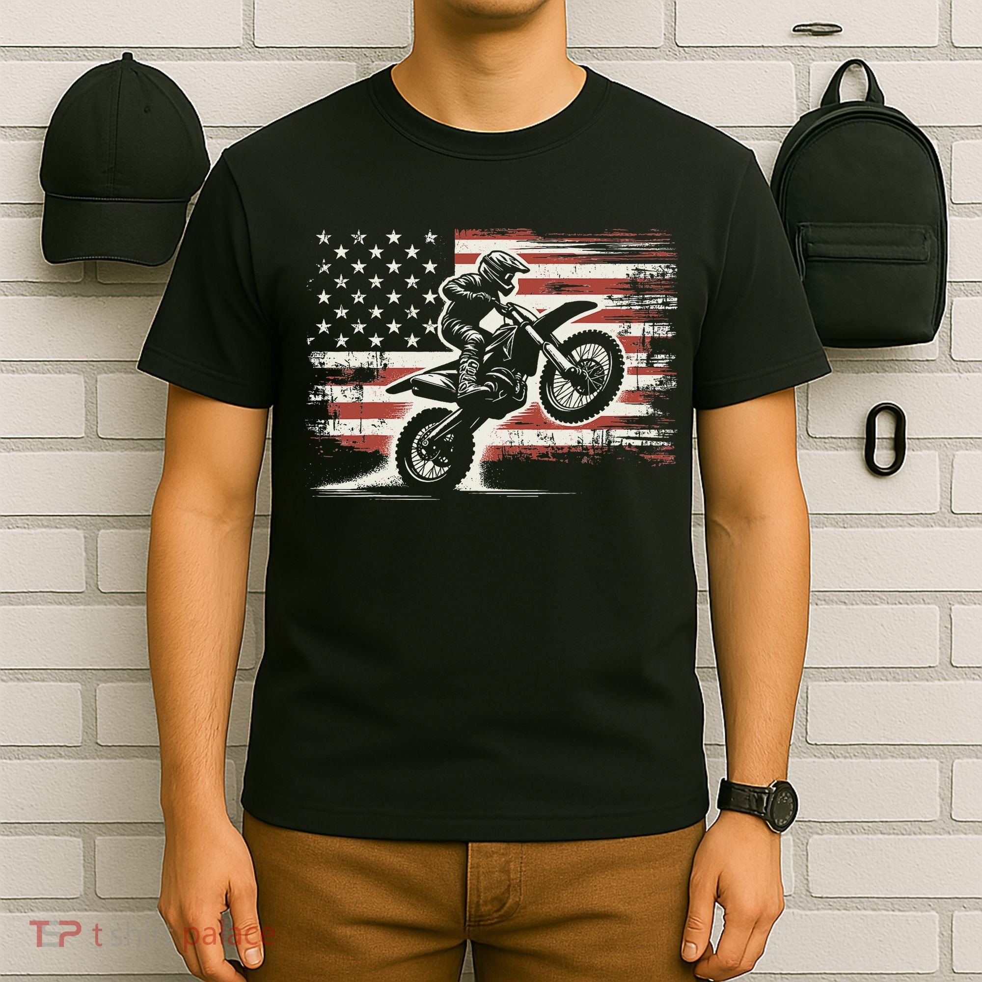 Dirt Bike American Flag Motocross Biker Vintage Usa T-Shirt