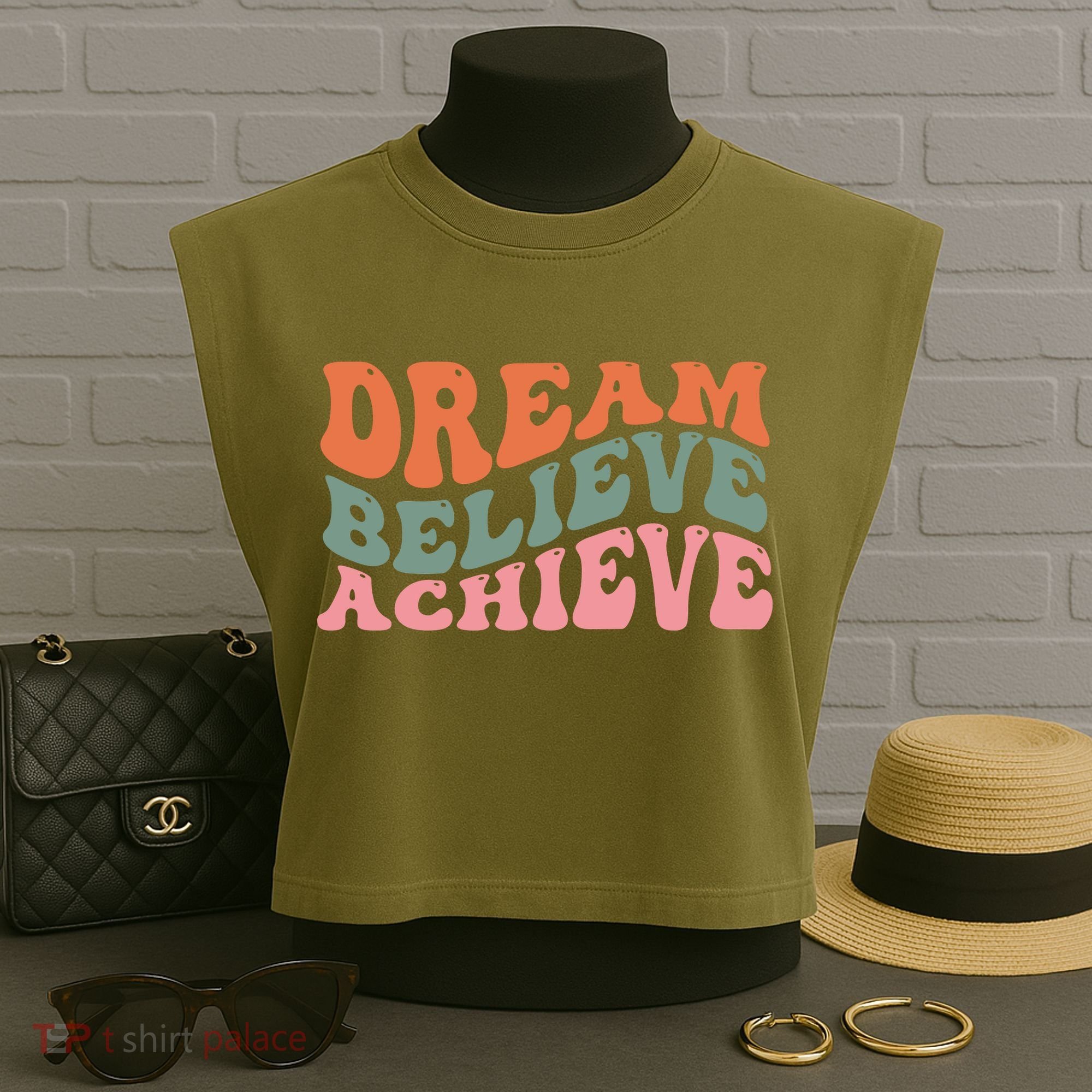 Dream Believe Achieve Retro Quote Garment-Dyed Women's Muscle Tee
