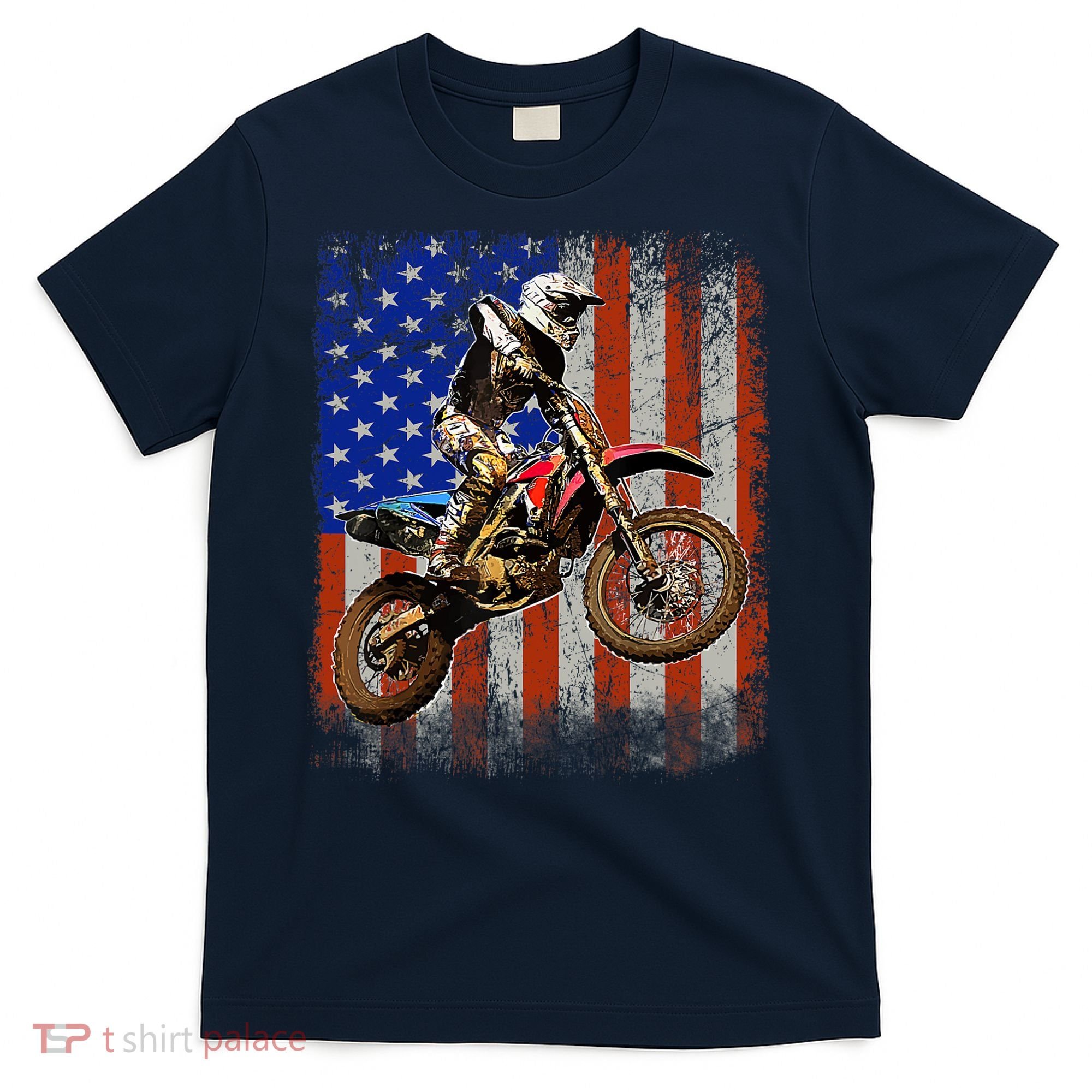 Dirt Bike American Flag Motocross Biker 4th Of July Mens T-Shirt