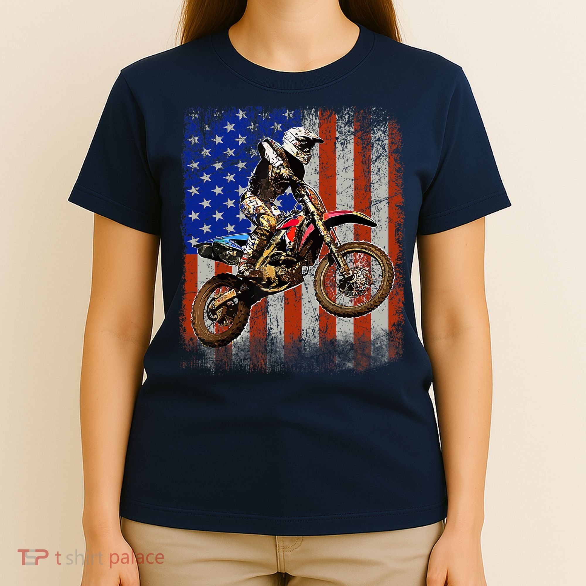 Dirt Bike American Flag Motocross Biker 4th Of July Mens T-Shirt