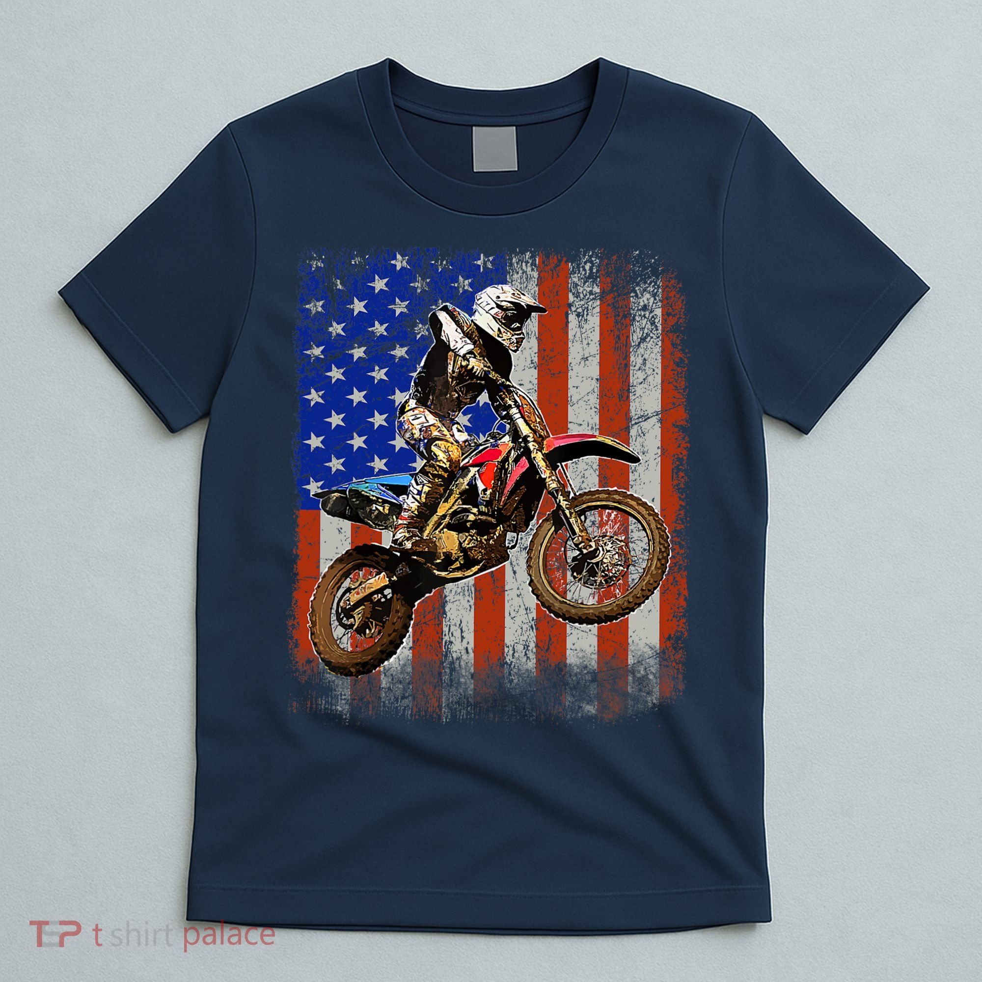 Dirt Bike American Flag Motocross Biker 4th Of July Mens T-Shirt