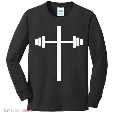 Dumbbell Barbell Cross Christian Gym Workout Lifting Kids Long Sleeve Shirt