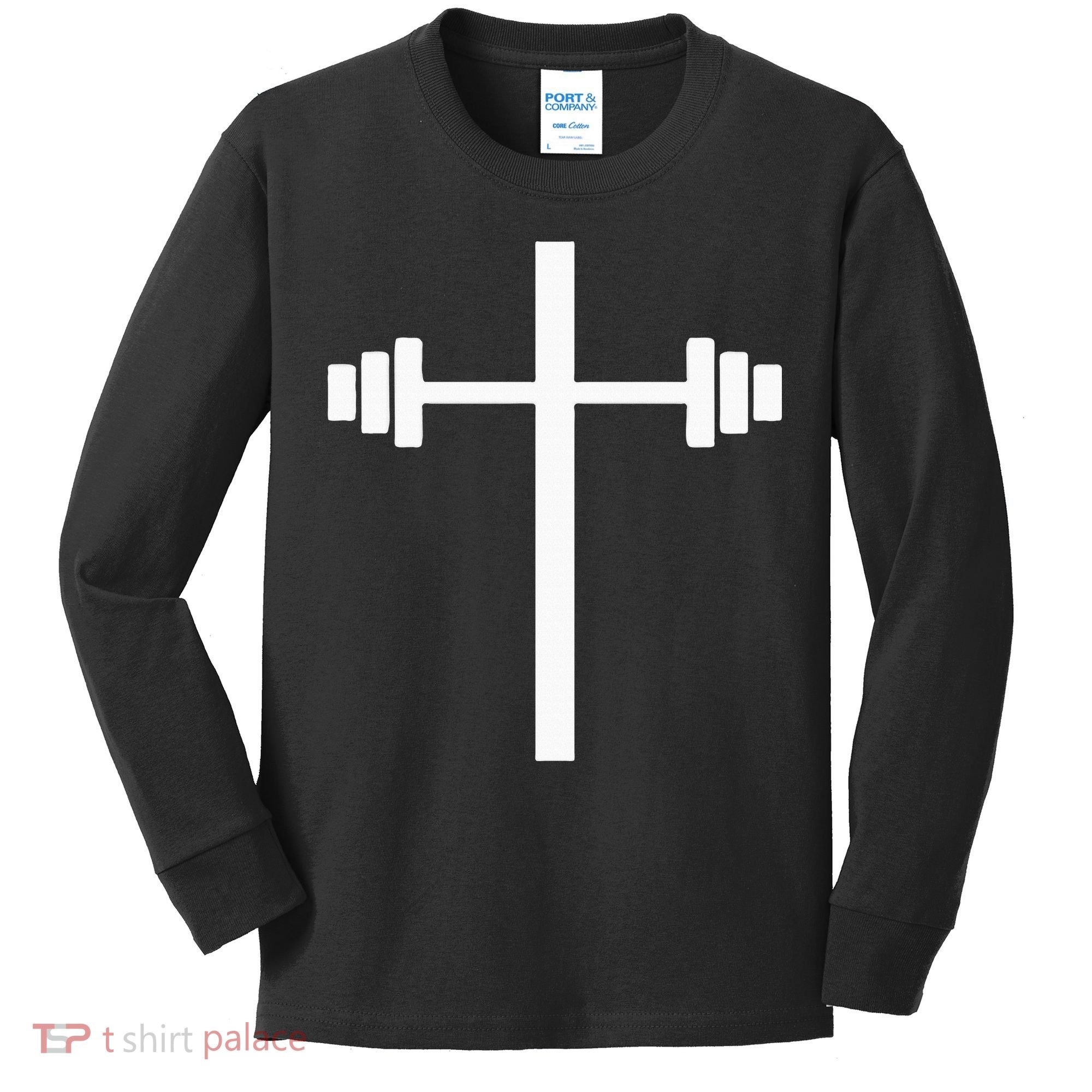 Dumbbell Barbell Cross Christian Gym Workout Lifting Kids Long Sleeve Shirt