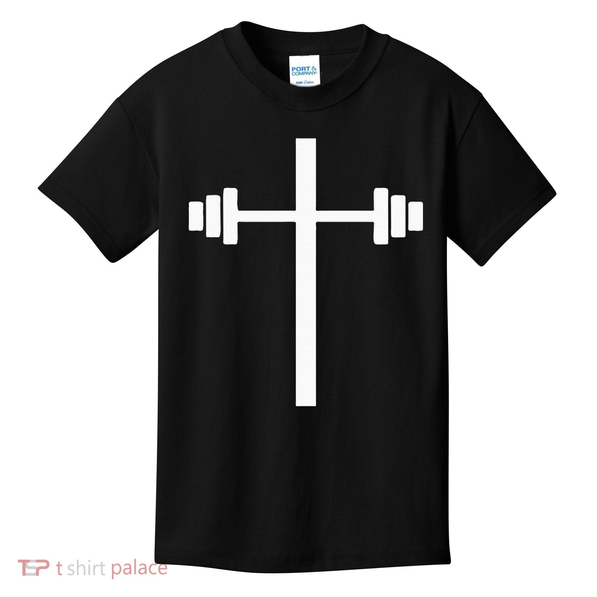 Dumbbell Barbell Cross Christian Gym Workout Lifting Kids T-Shirt