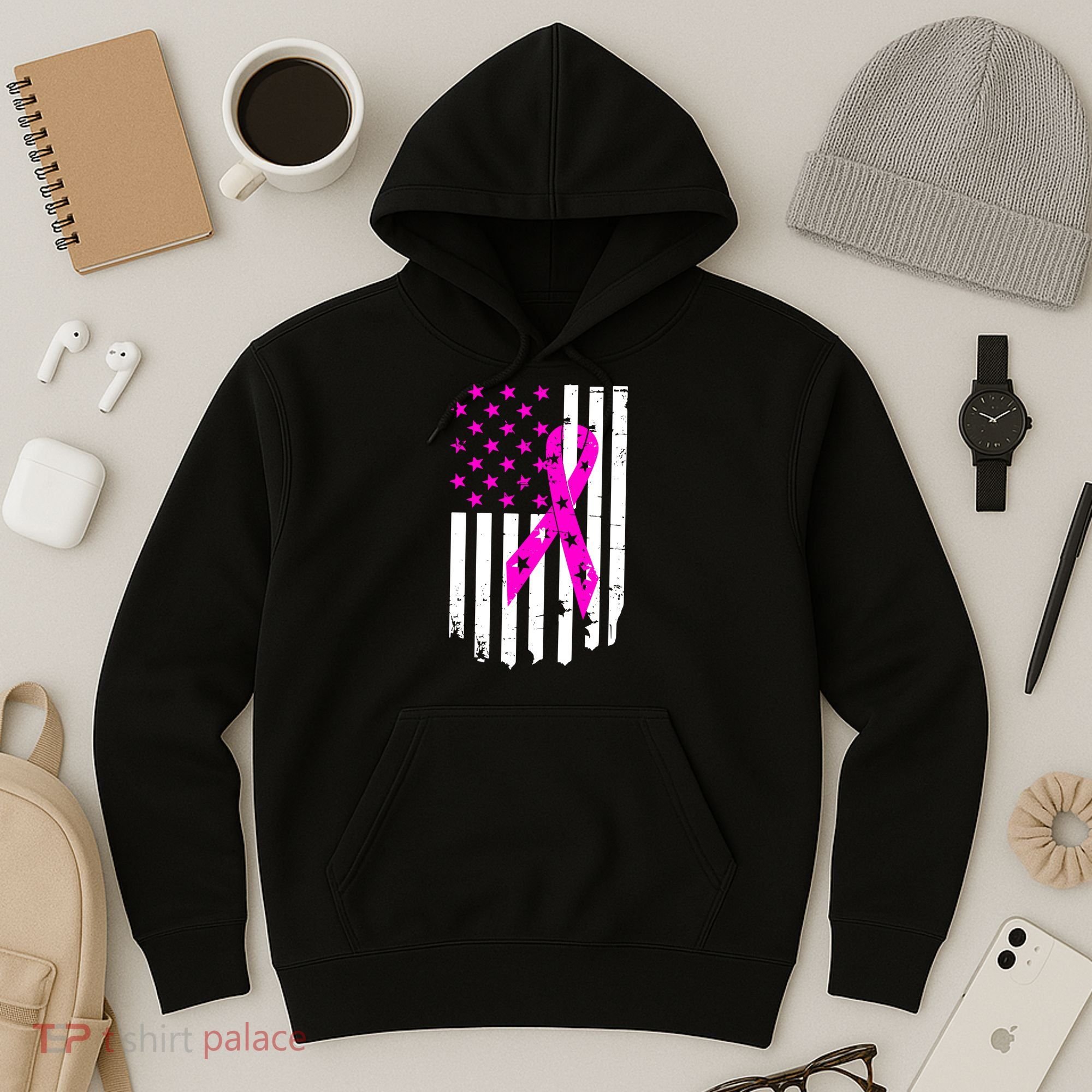 Distressed Breast Cancer Awareness Flag Hoodie
