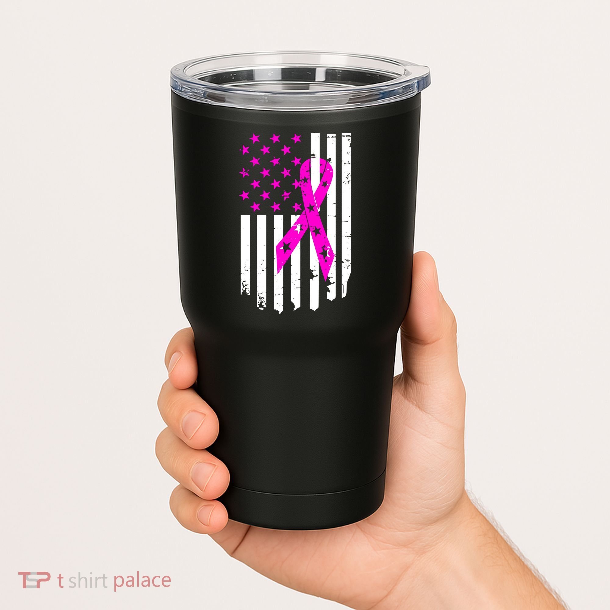 Distressed Breast Cancer Awareness Flag Tumbler