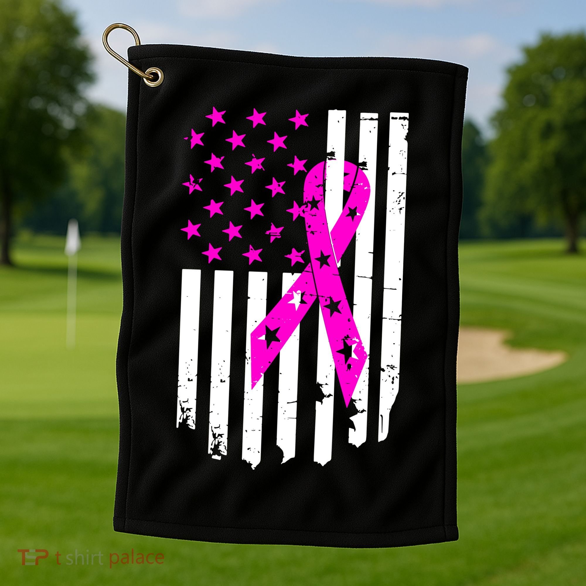 Distressed Breast Cancer Awareness Flag Golf Towel