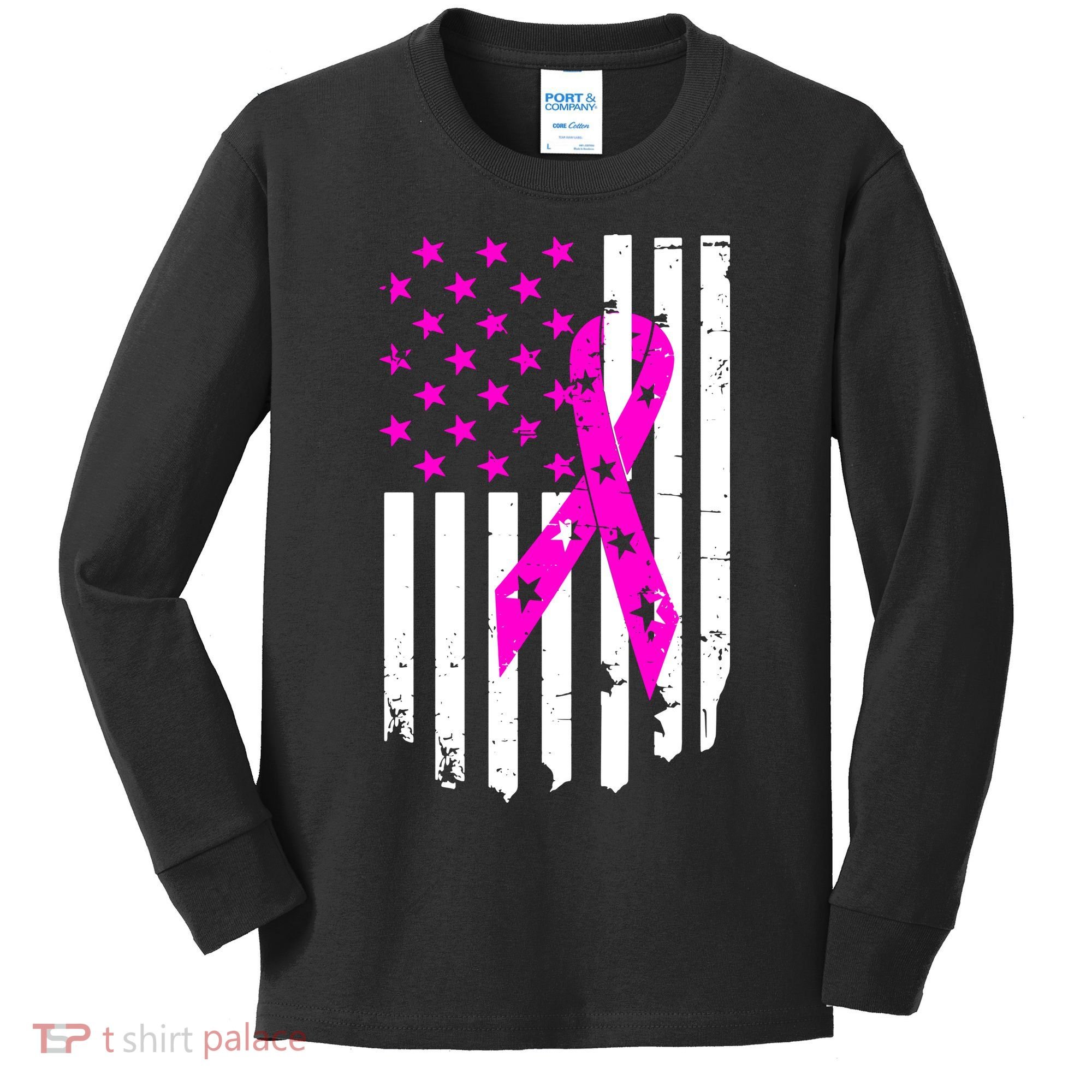 Distressed Breast Cancer Awareness Flag Kids Long Sleeve Shirt